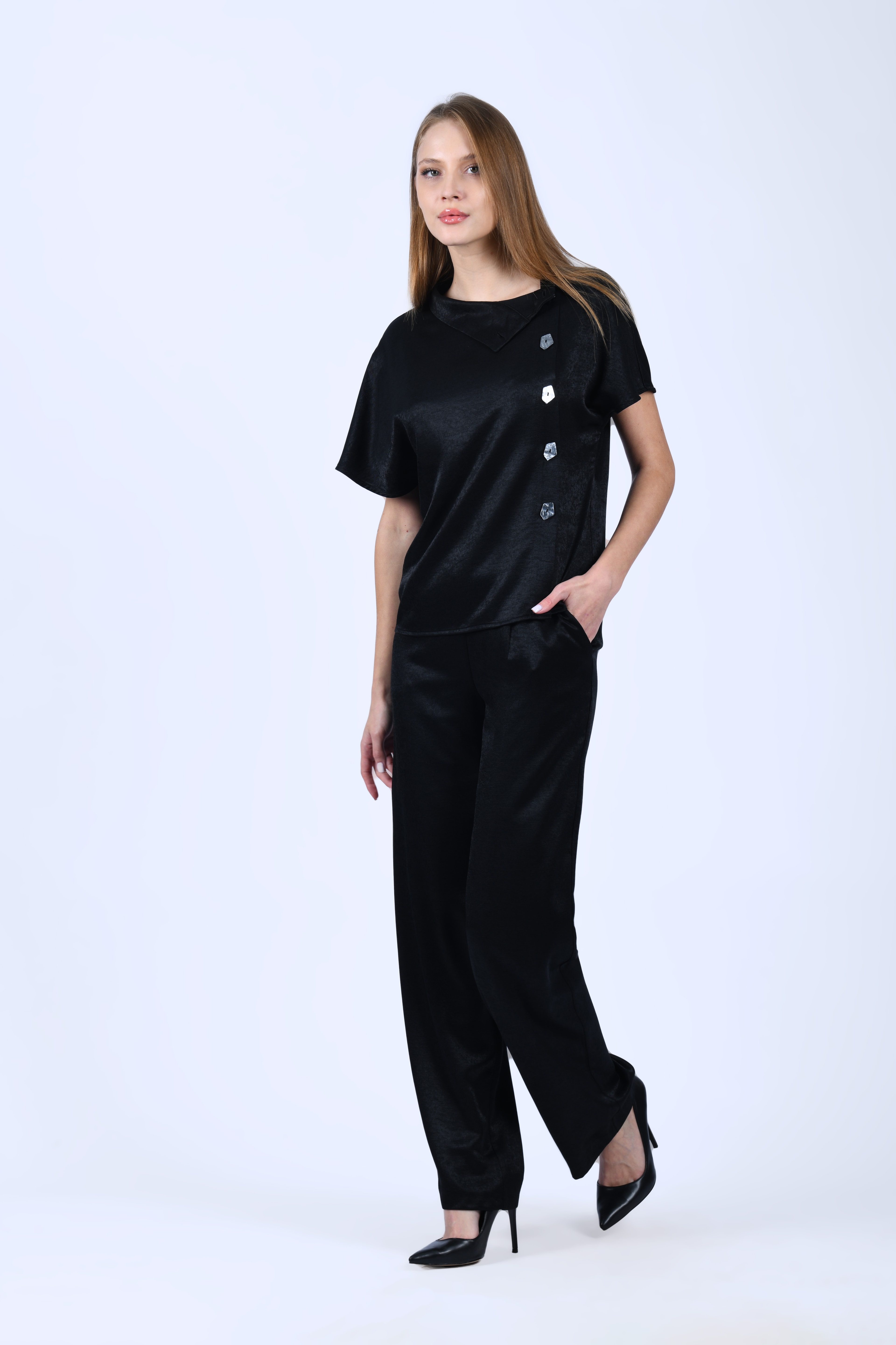 Siyah Bol Kesim Kumaş Pantolon - QP196