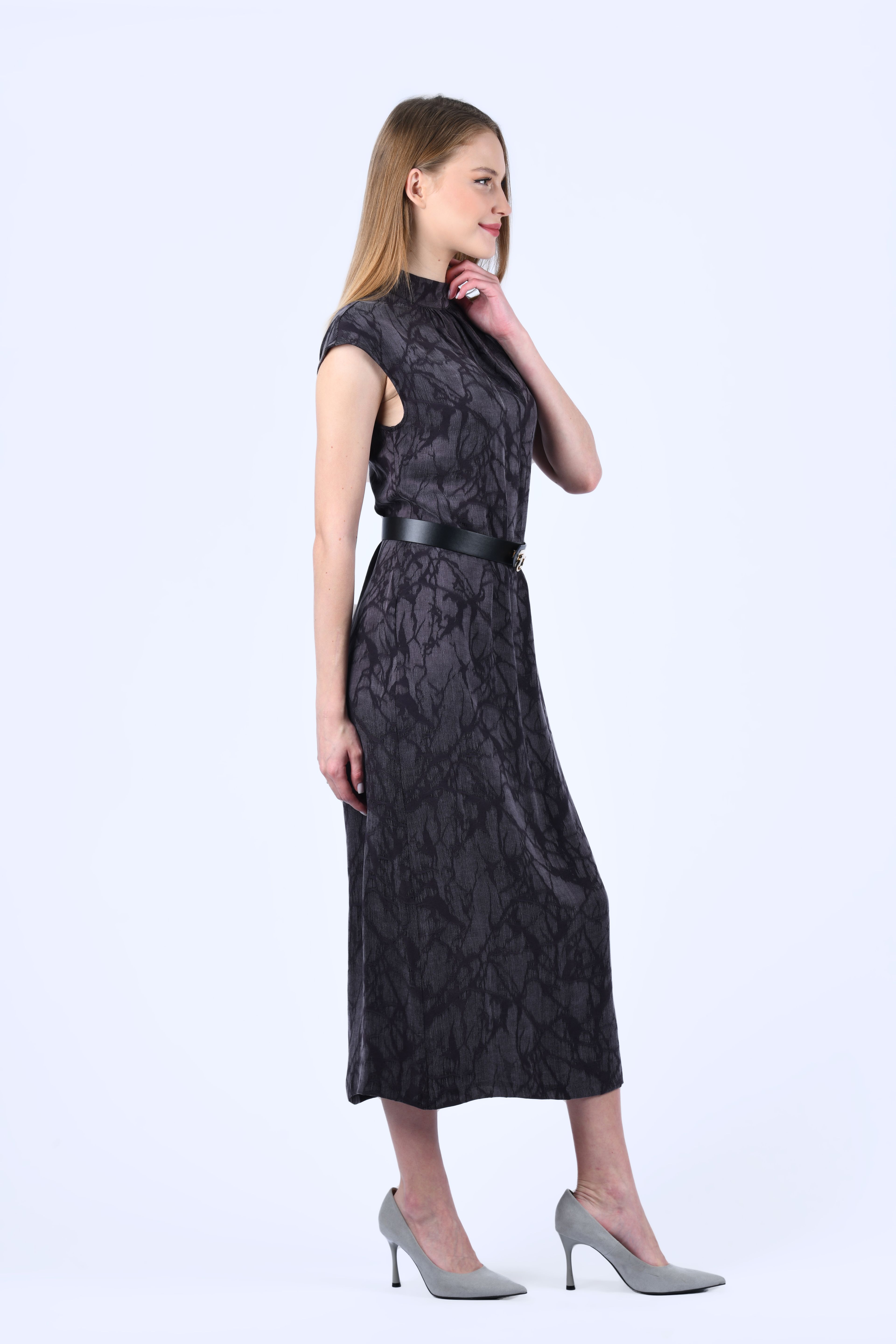 Kahve Desenli Kemerli Midi Elbise - QE334
