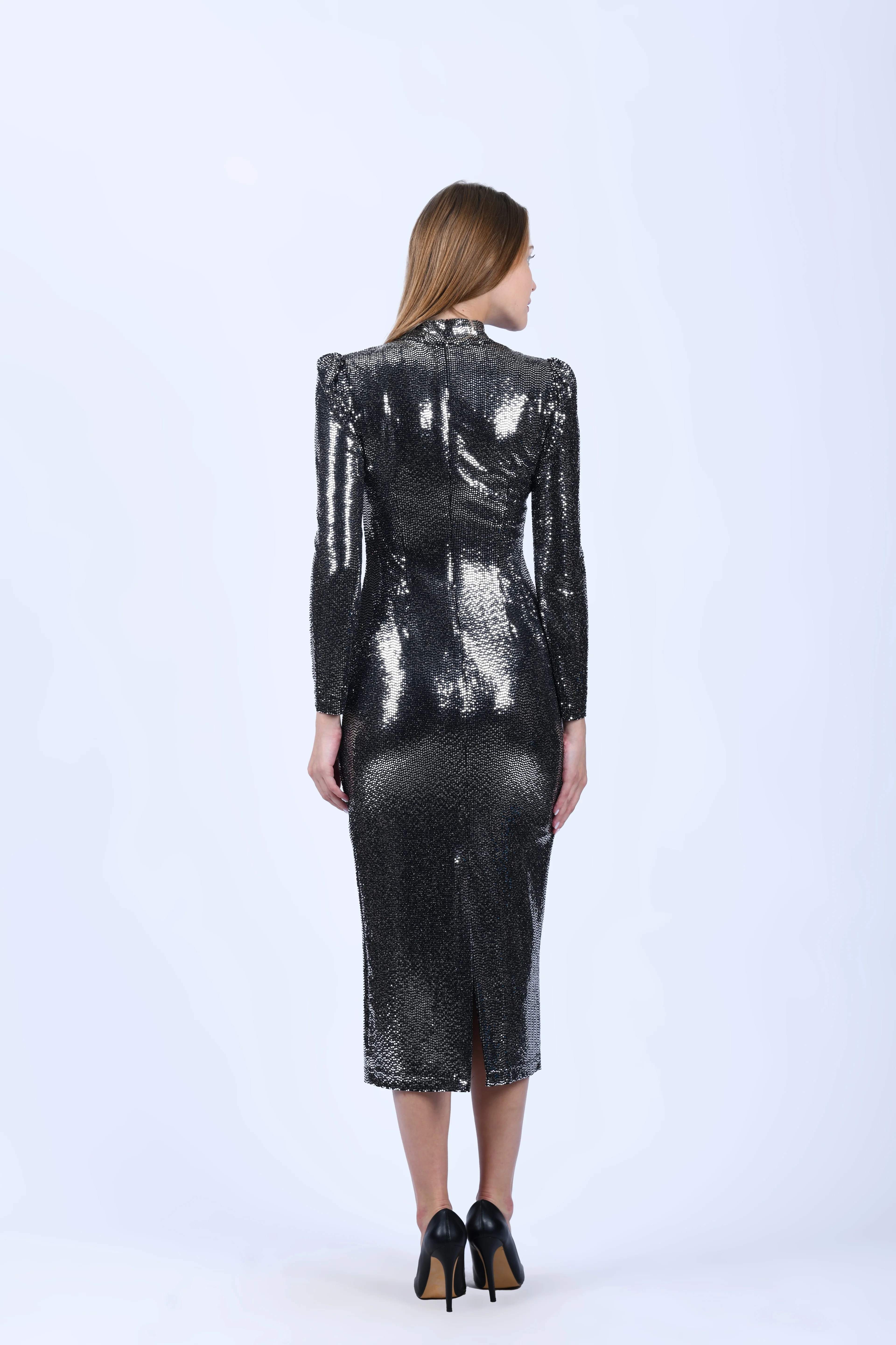Siyah Işıltılı Vatkalı Midi Dar Elbise - QE333
