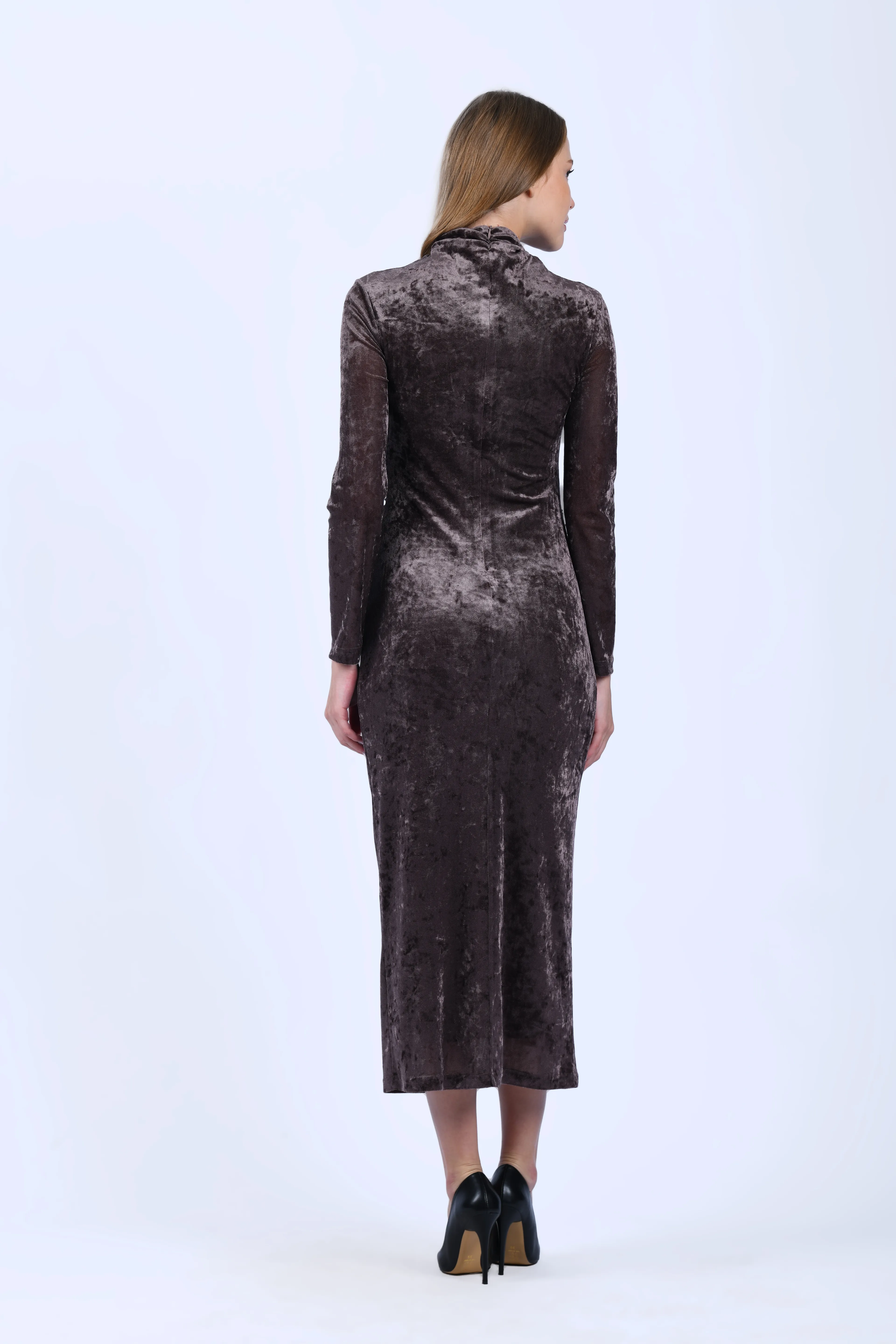 Kahve Drapeli Midi Kadife Elbise - QE398