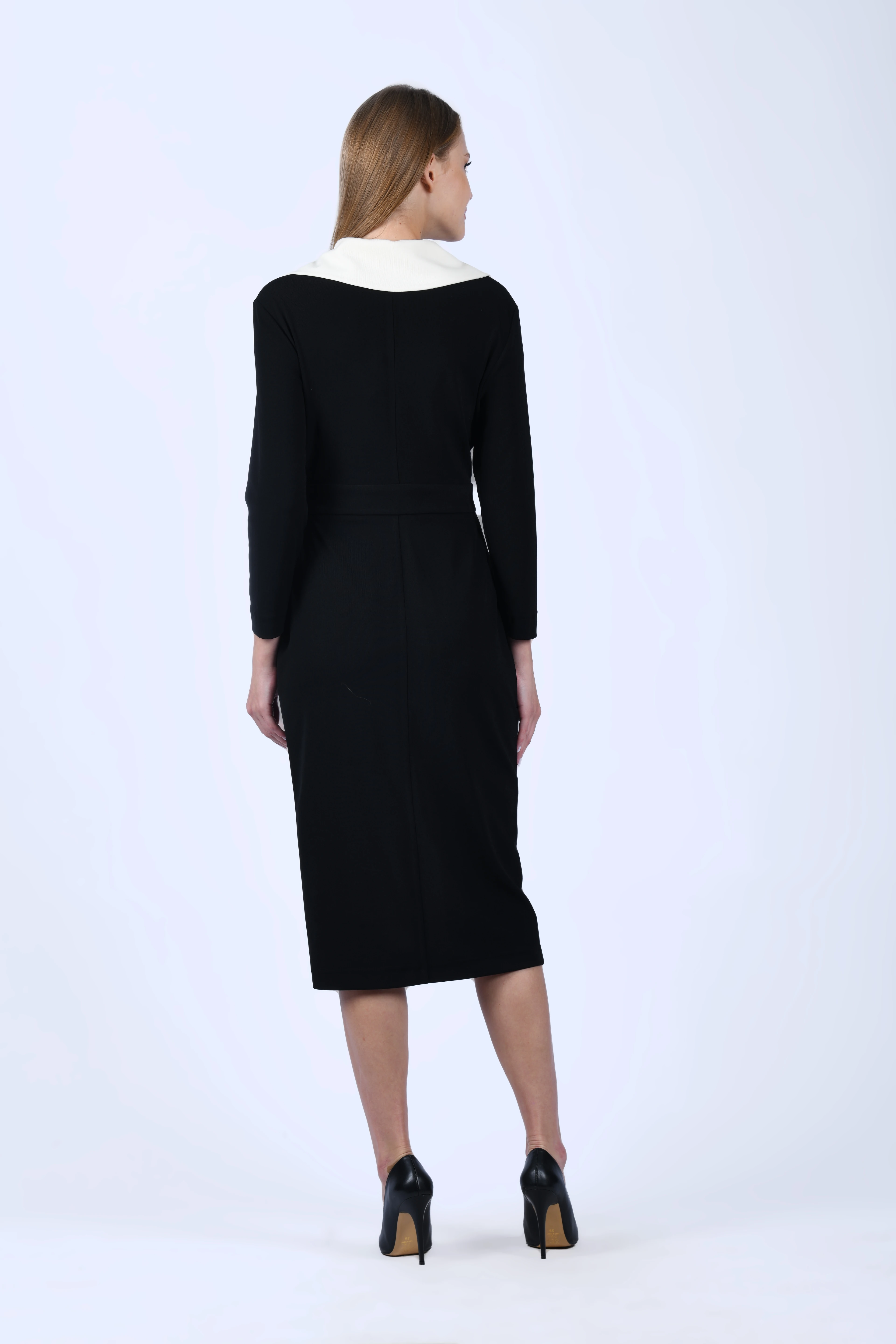 Siyah Kruvaze Geniş Yaka Elbise -  QE388