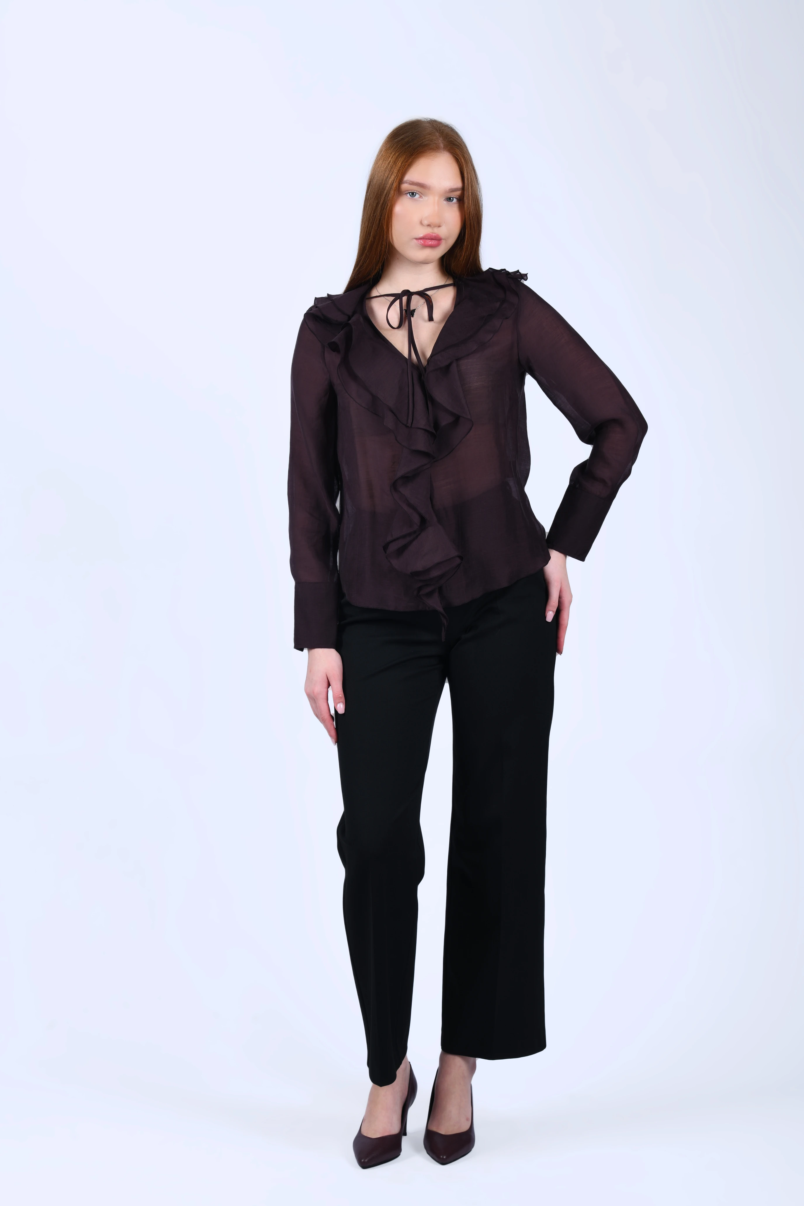 Kahve Volanlı Tül Bluz - QB201