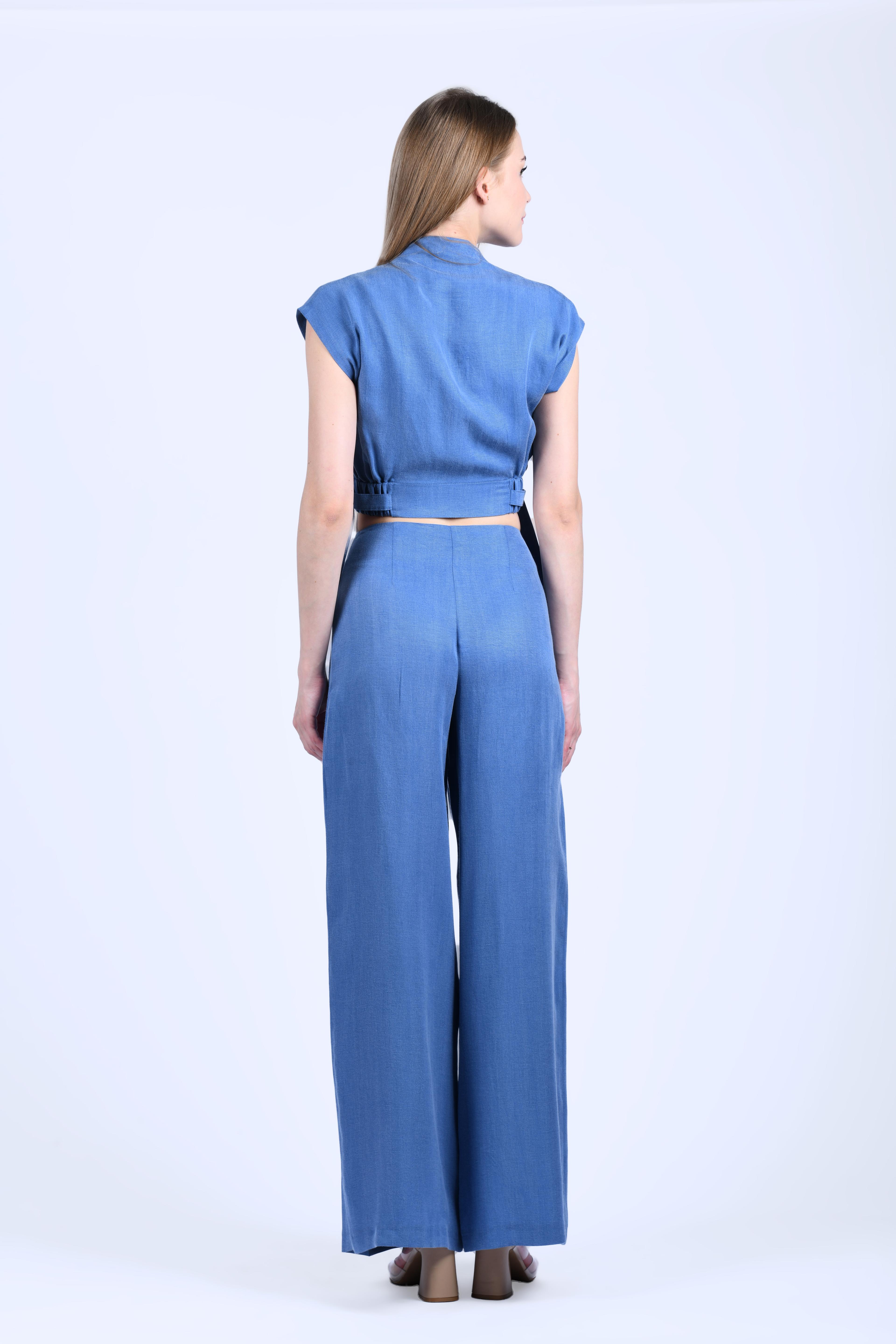 İndigo Vatkalı Fermuarlı Crop Bluz - QB183
