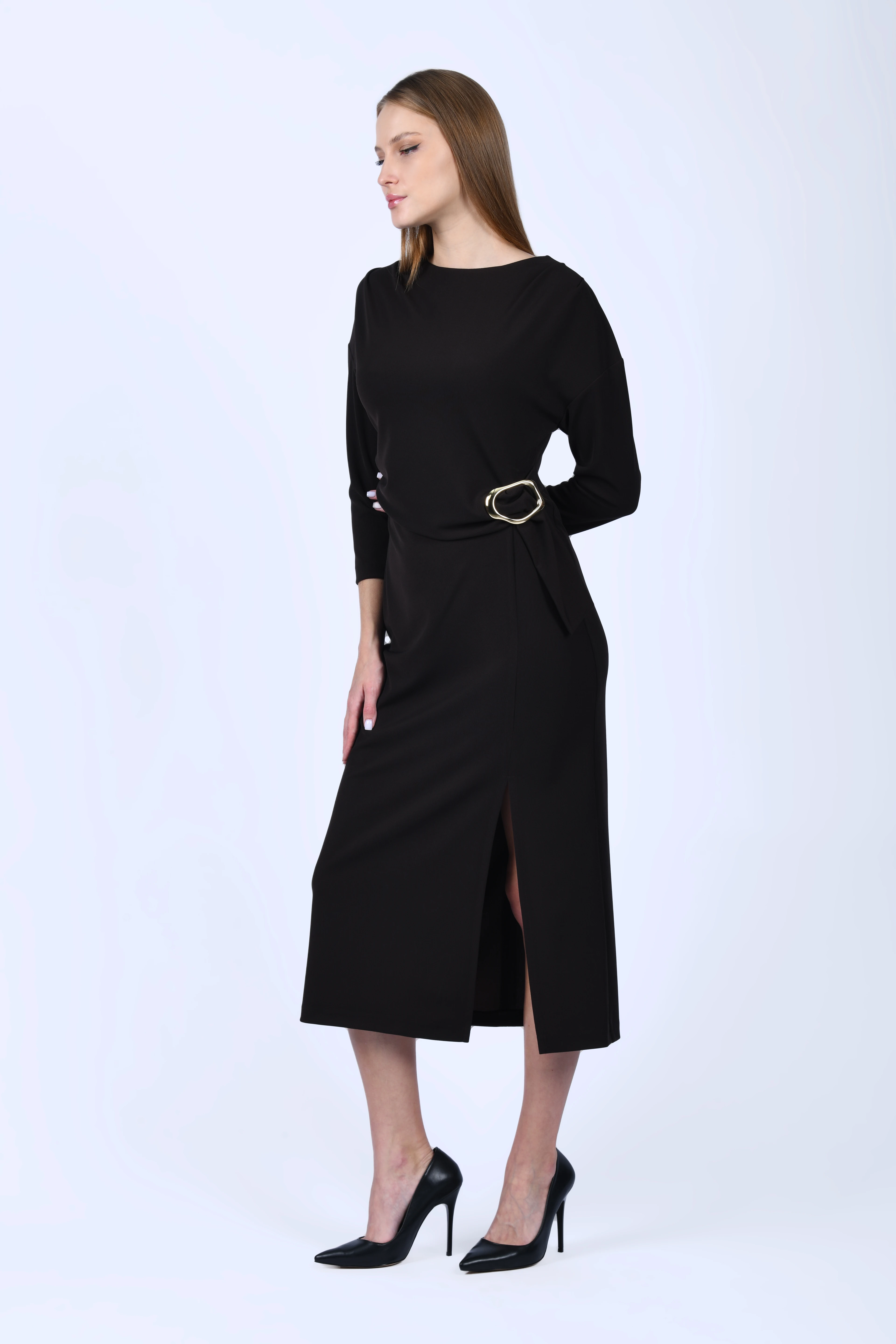 Kahve Toka Detaylı Yırtmaçlı Elbise -  QE396