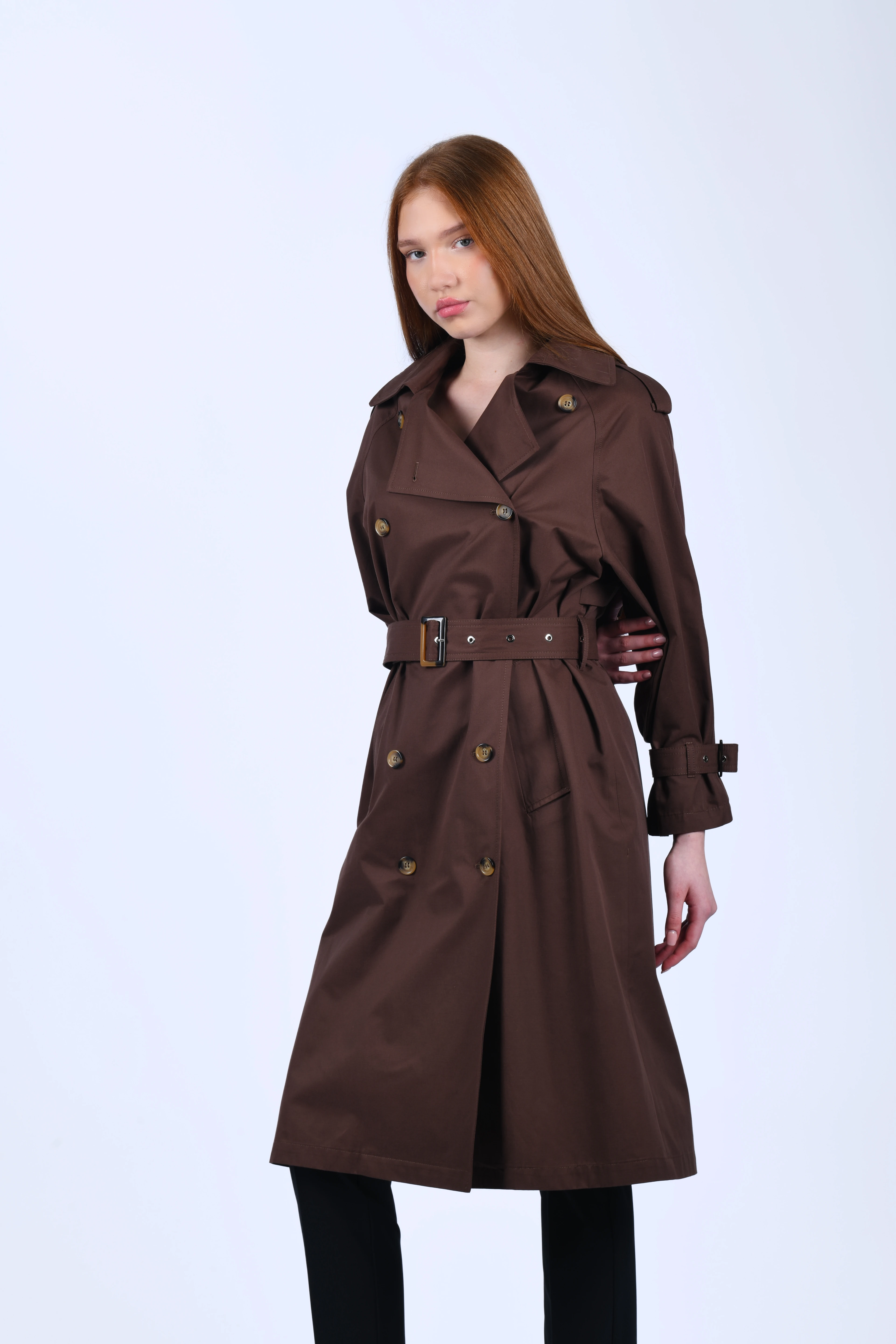 Kahve Kendinden Kemerli Trençkot - QT16