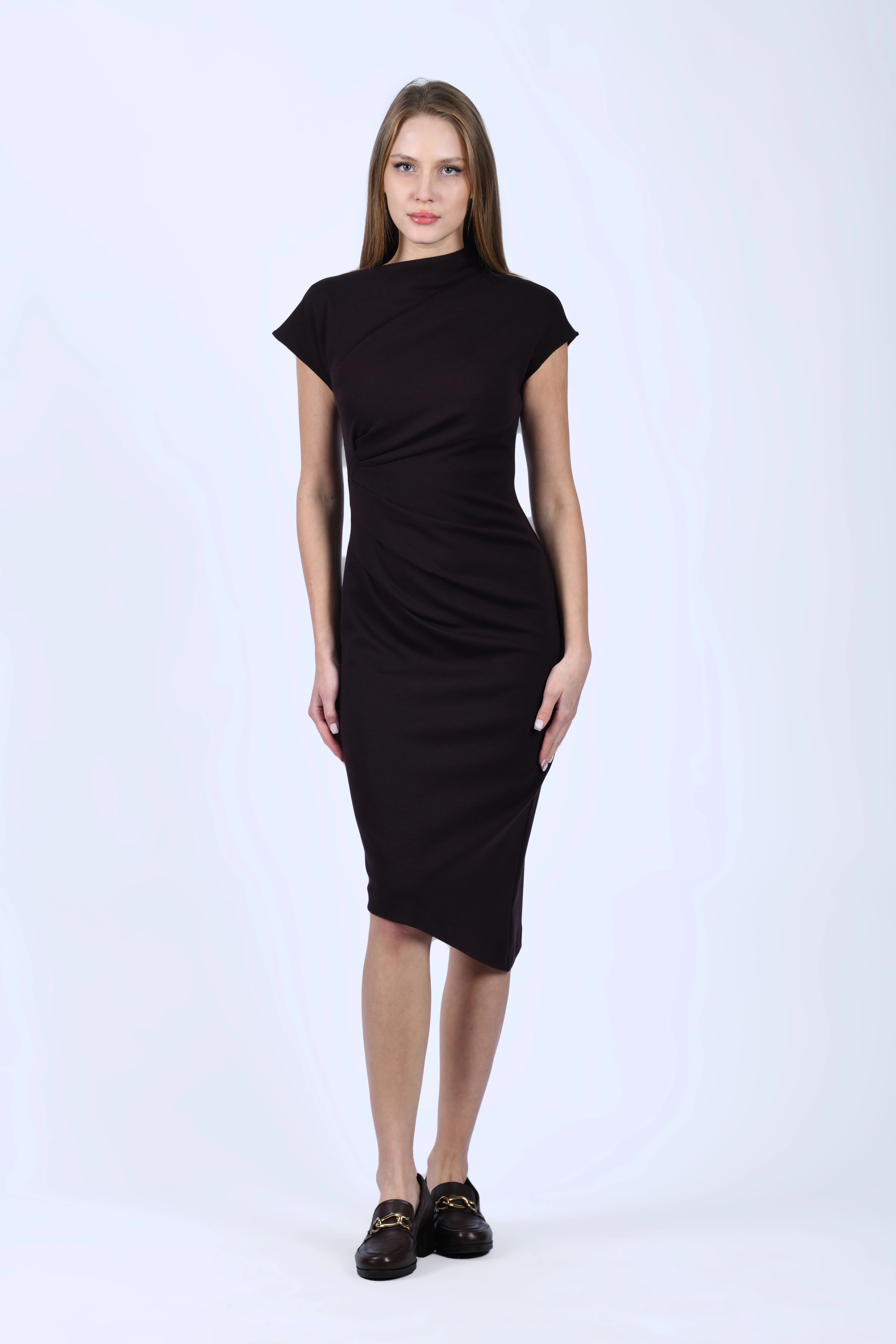 Kahve Drapeli Kalem Elbise - QE386