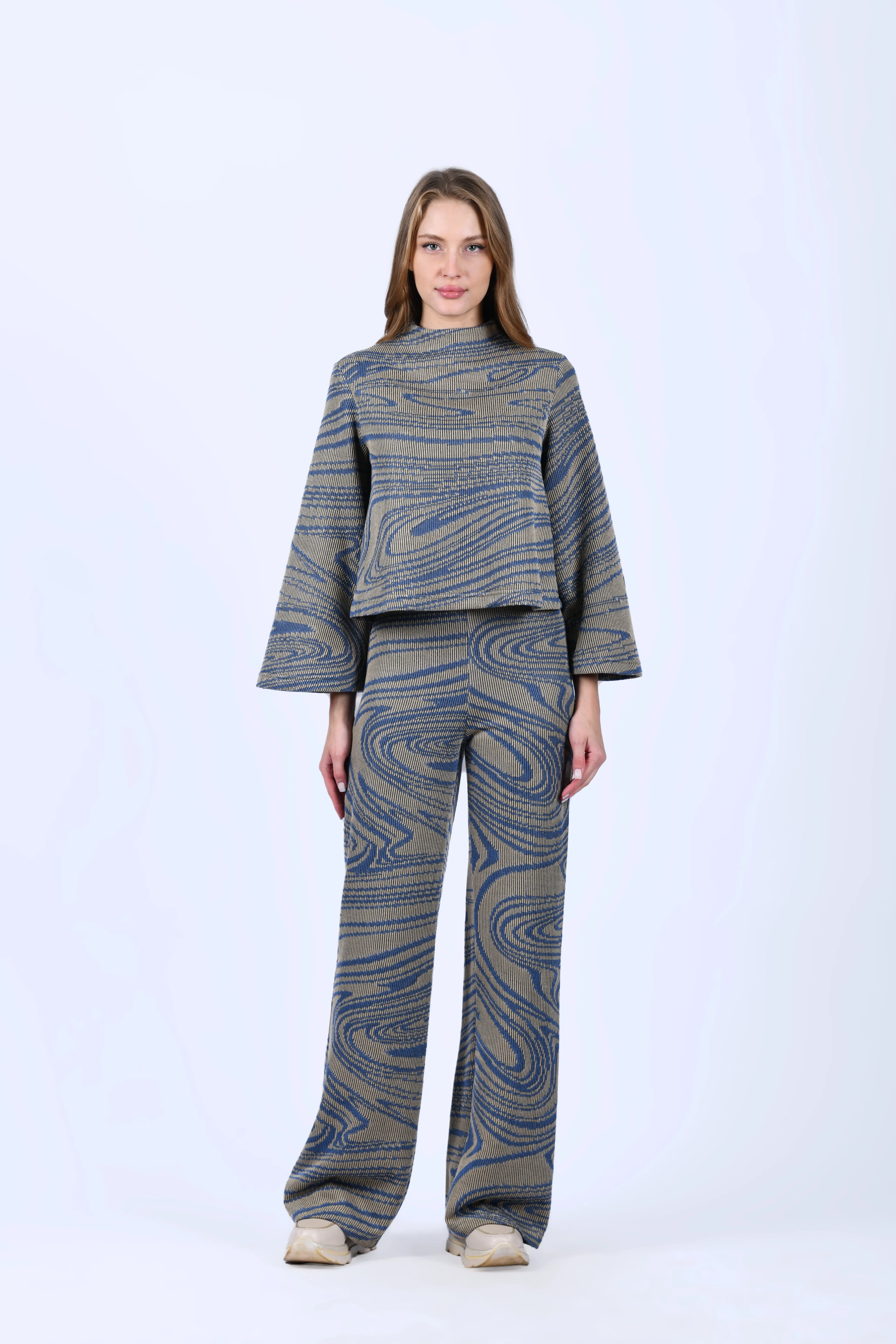 Bej Mavi Crop Kesim Triko Bluz - QB200