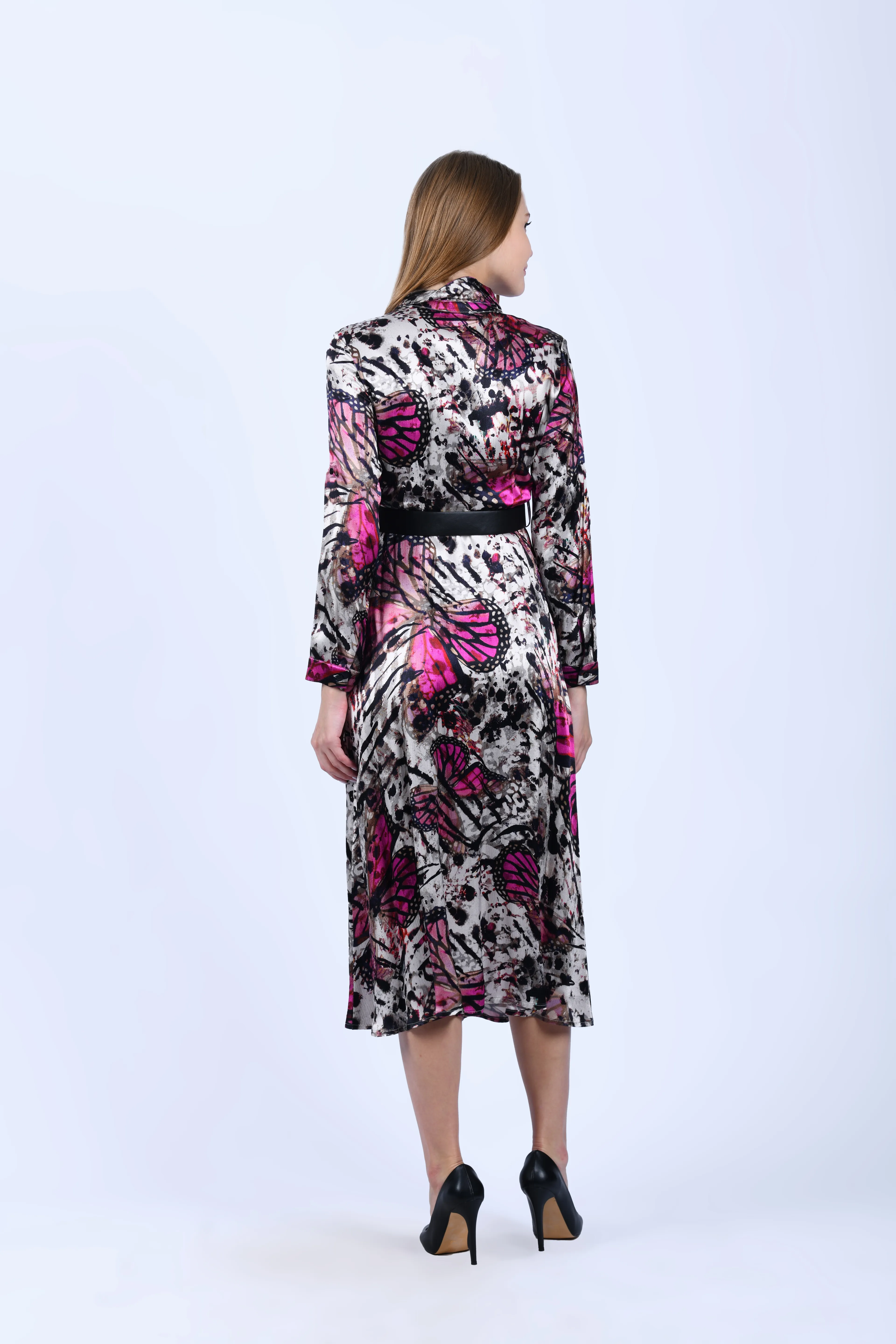 Fuşya Kelebek Desenli Midi Elbise - LE191