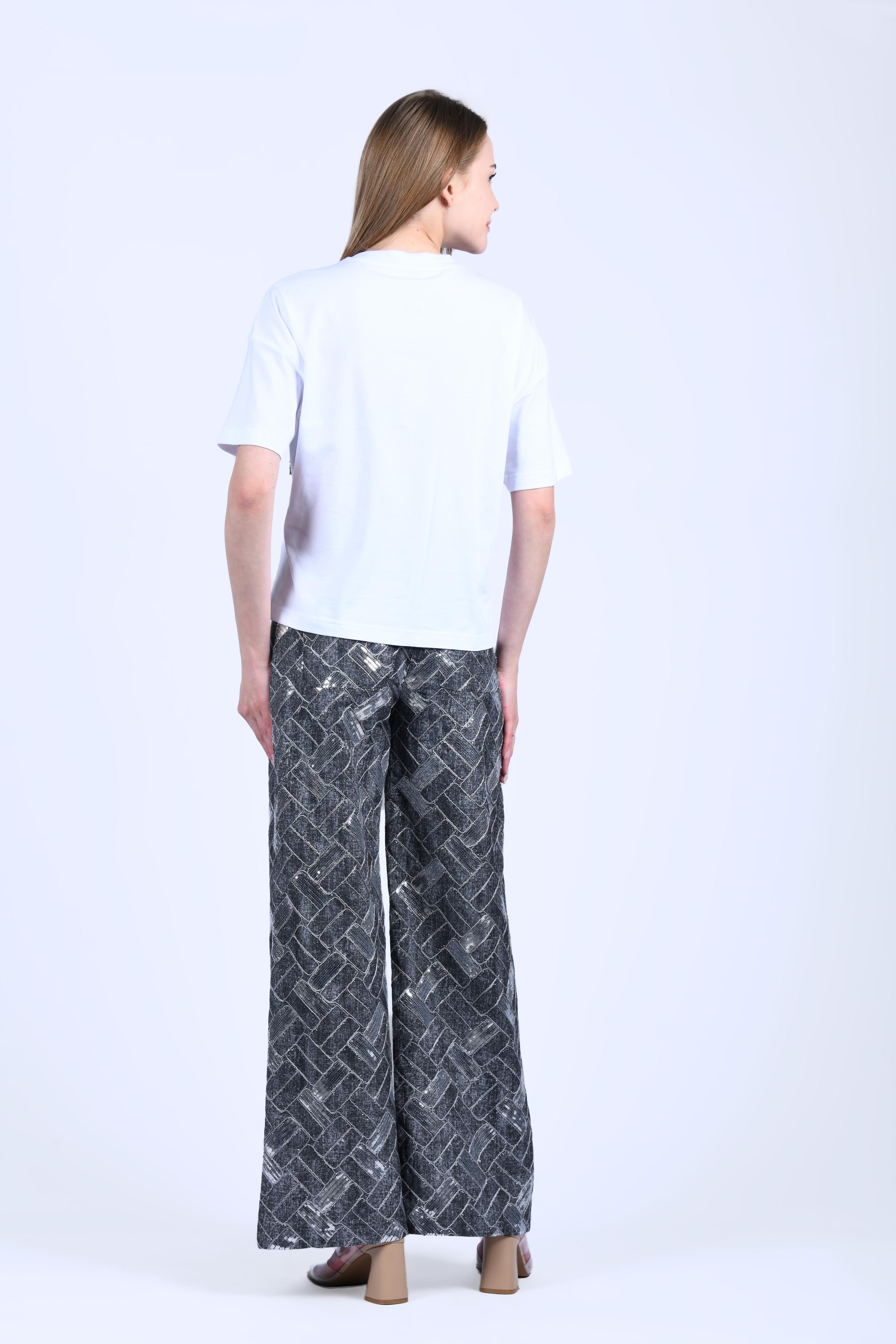 Siyah Payetli Bol Kot Pantolon - QP172