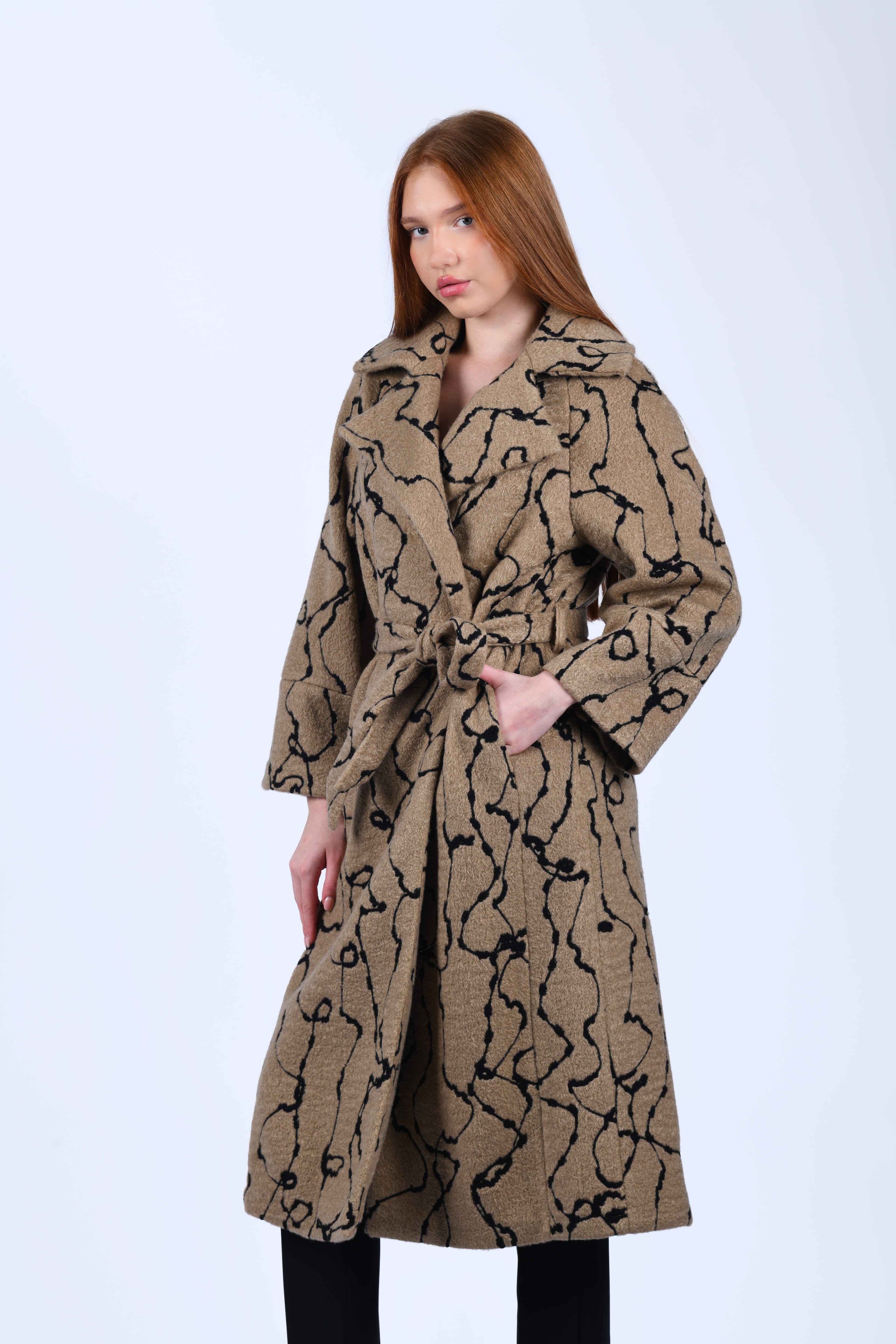 Camel Desenli Kuşaklı Kaban - QK35