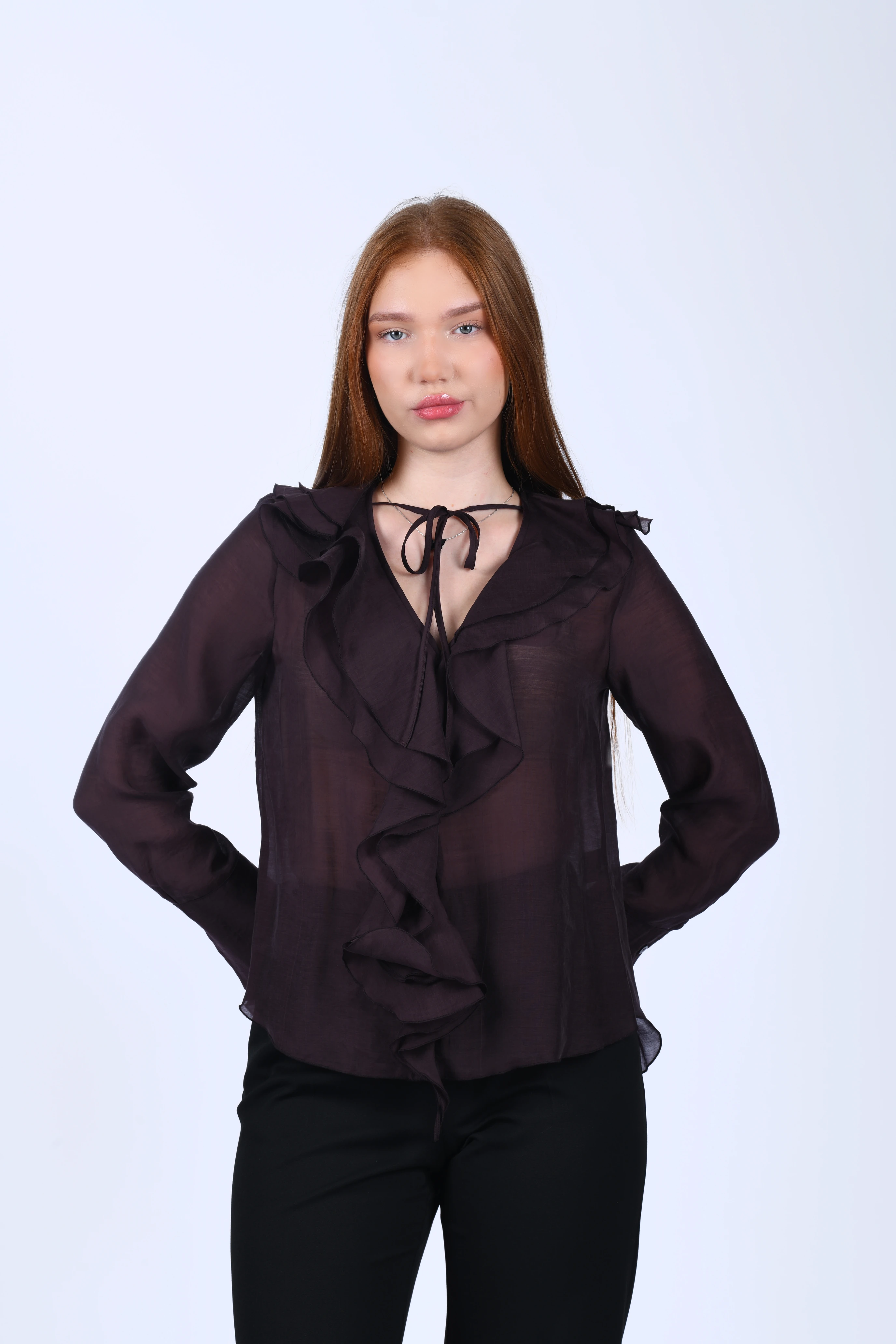 Kahve Volanlı Tül Bluz - QB201