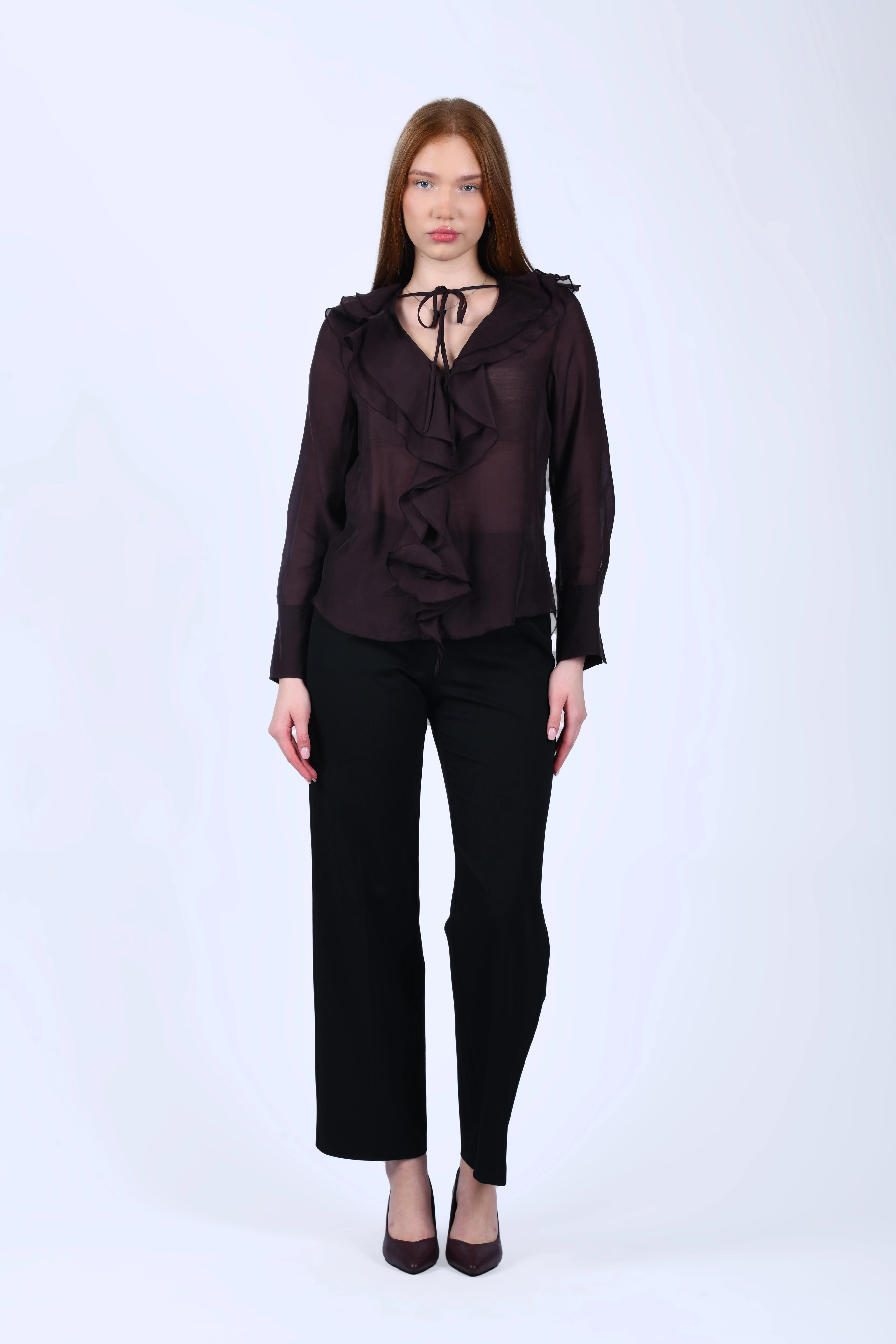 Kahve Volanlı Tül Bluz - QB201