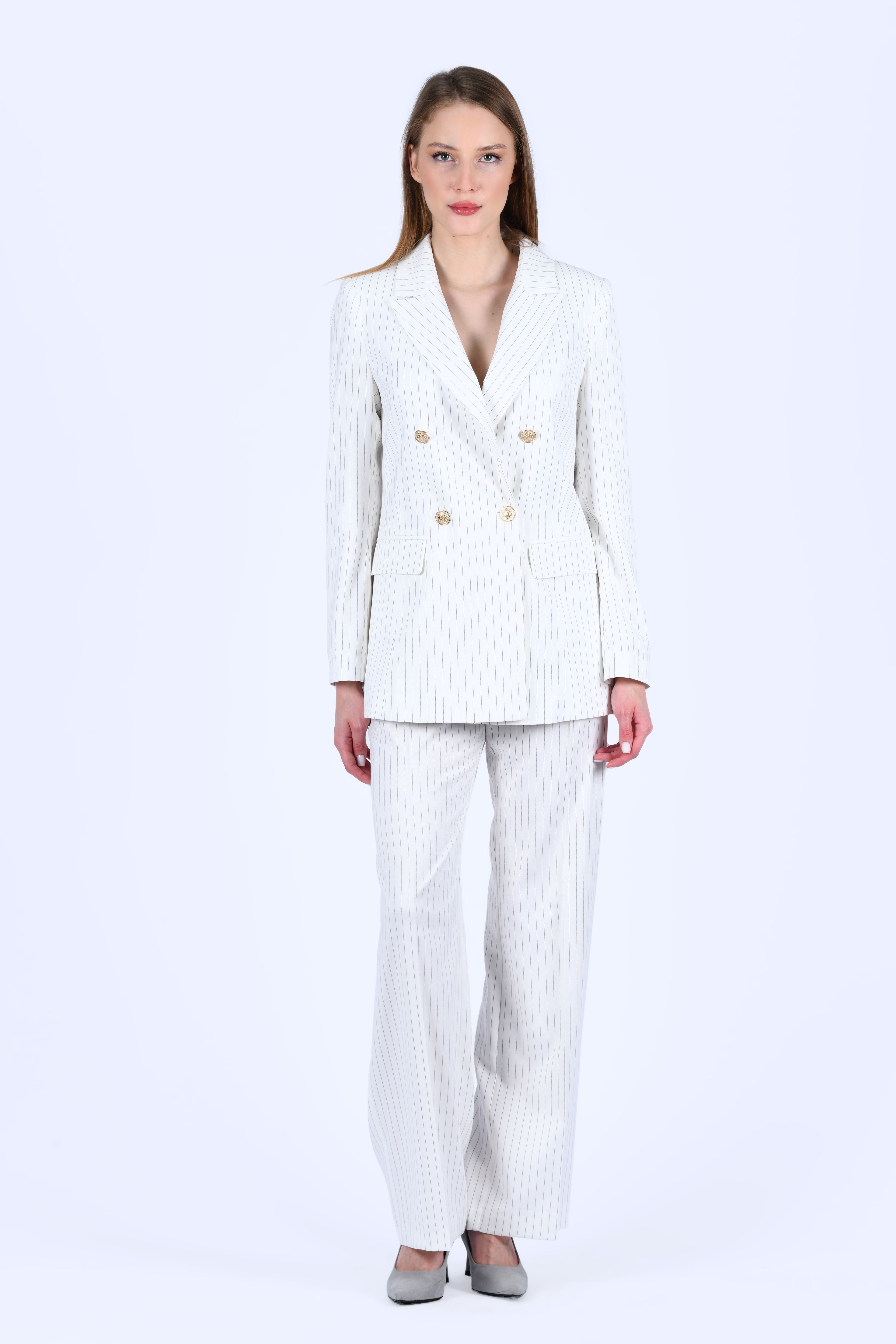 Ecru Çizgili Blazer Ceket - LC118