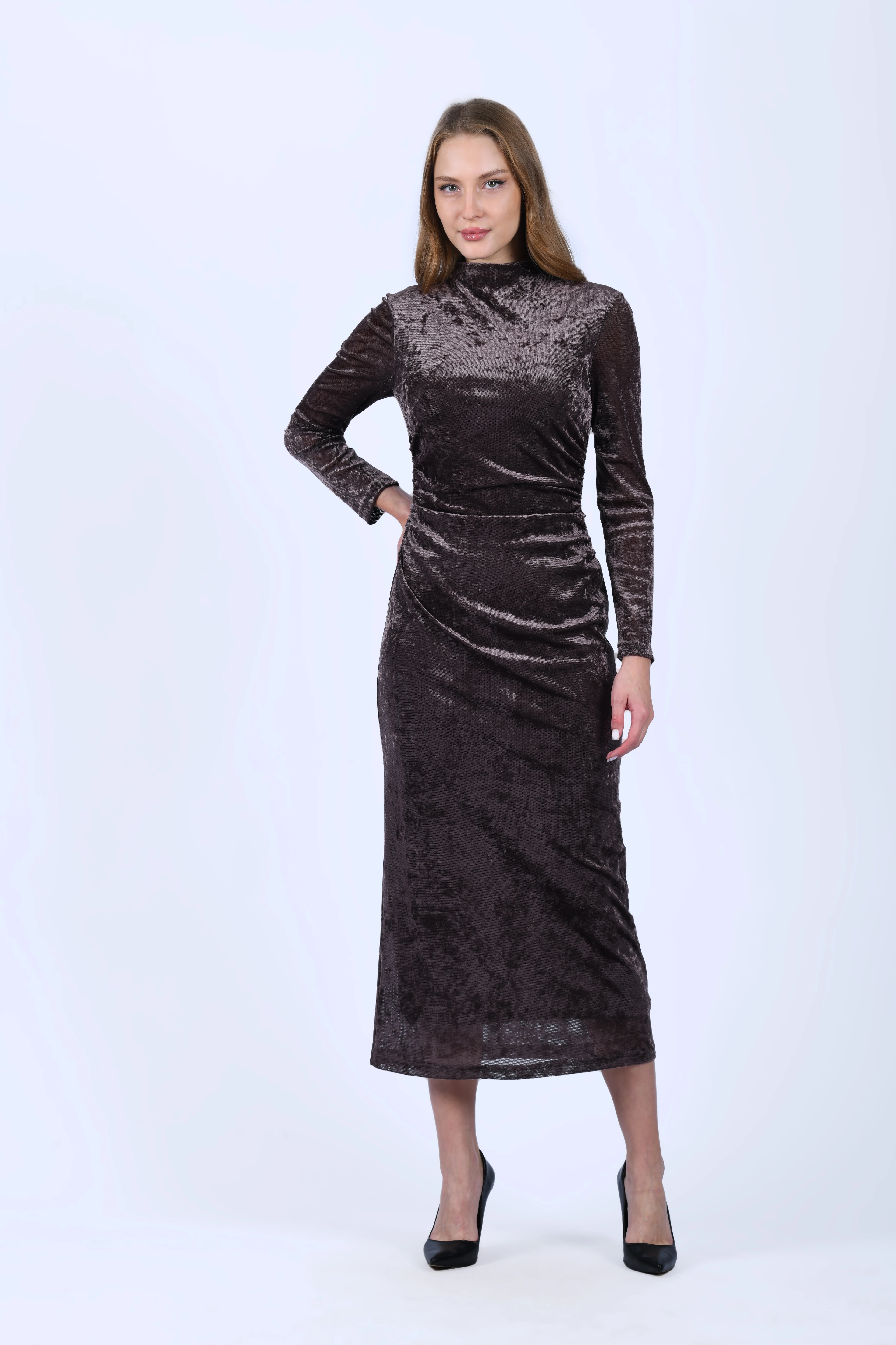 Kahve Drapeli Midi Kadife Elbise - QE398