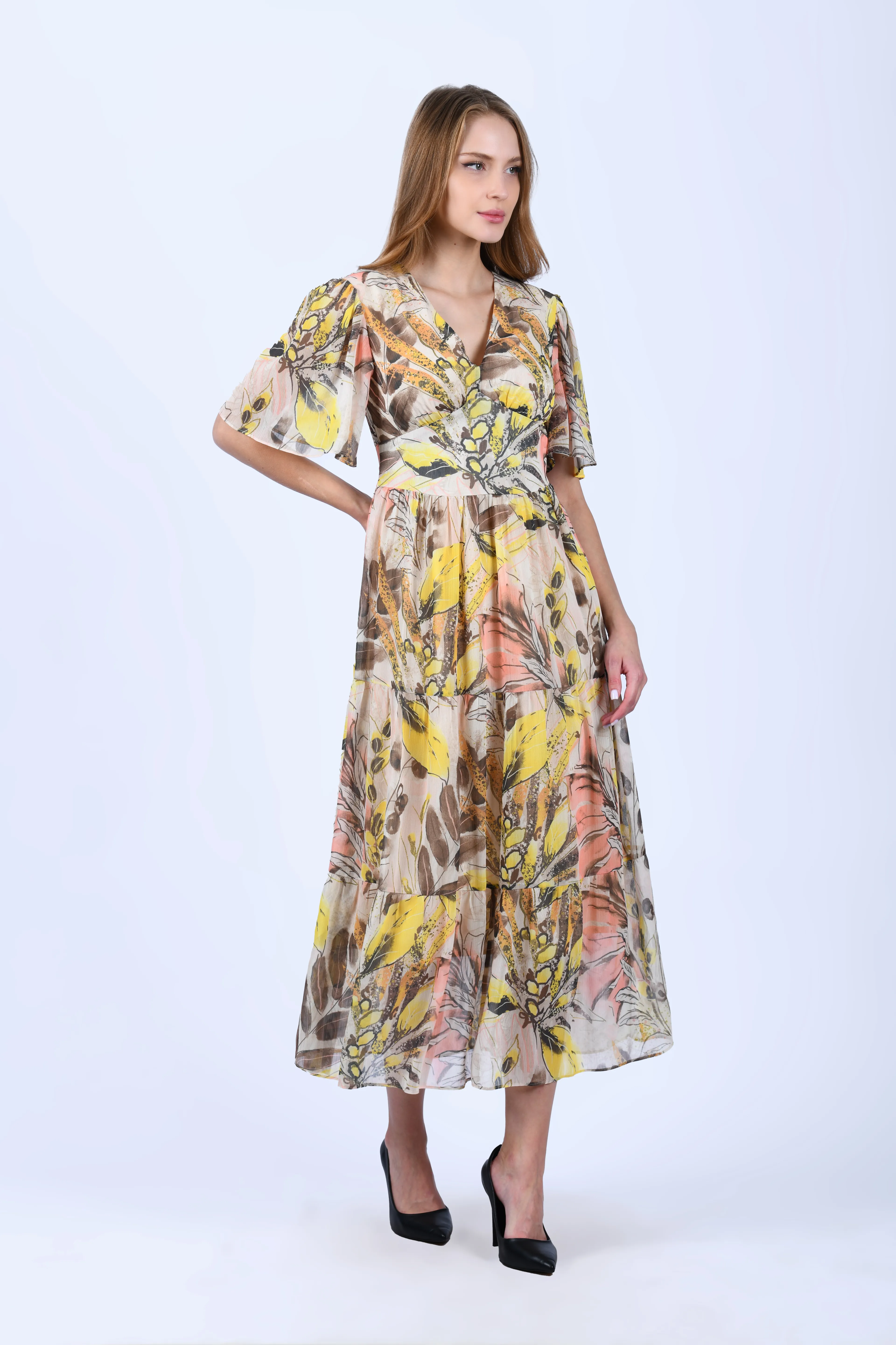 Sarı V Yaka Tropikal Desen Midi Elbise - LE565