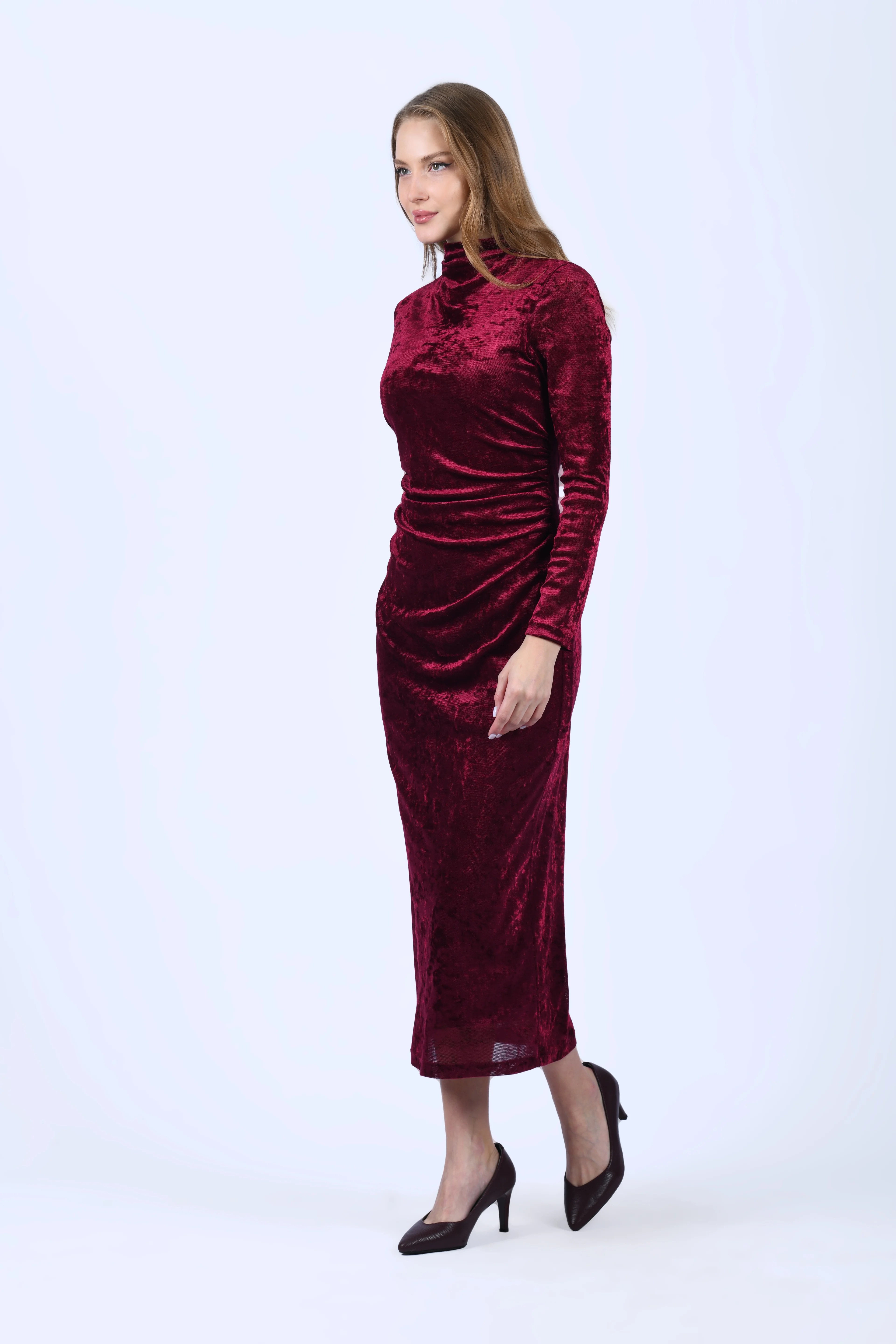 Bordo Drapeli Midi Kadife Elbise - QE398
