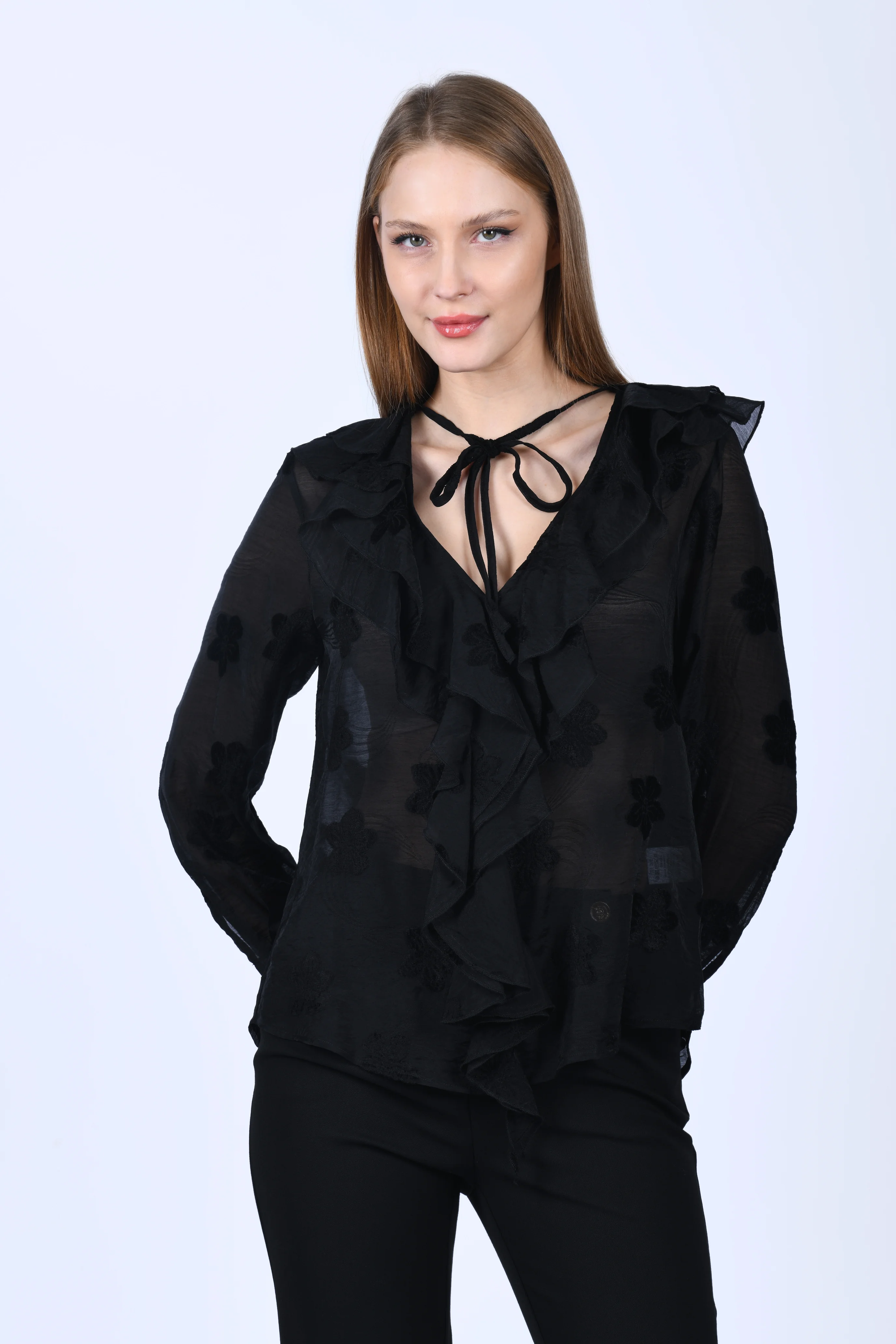 Siyah Çiçekli Volanlı Tül Bluz - QB203