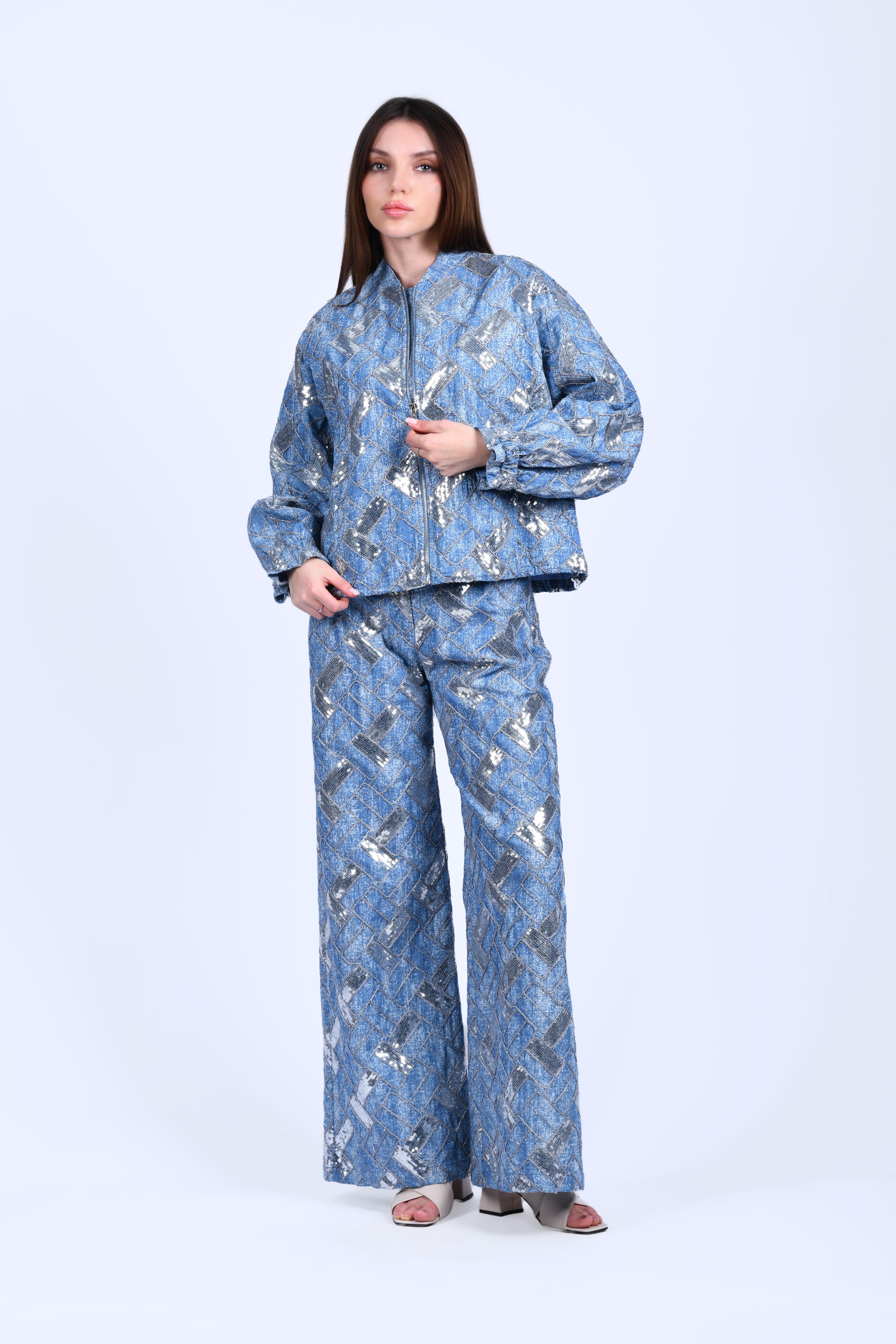 İndigo Payetli Bol Kot Pantolon - QP172