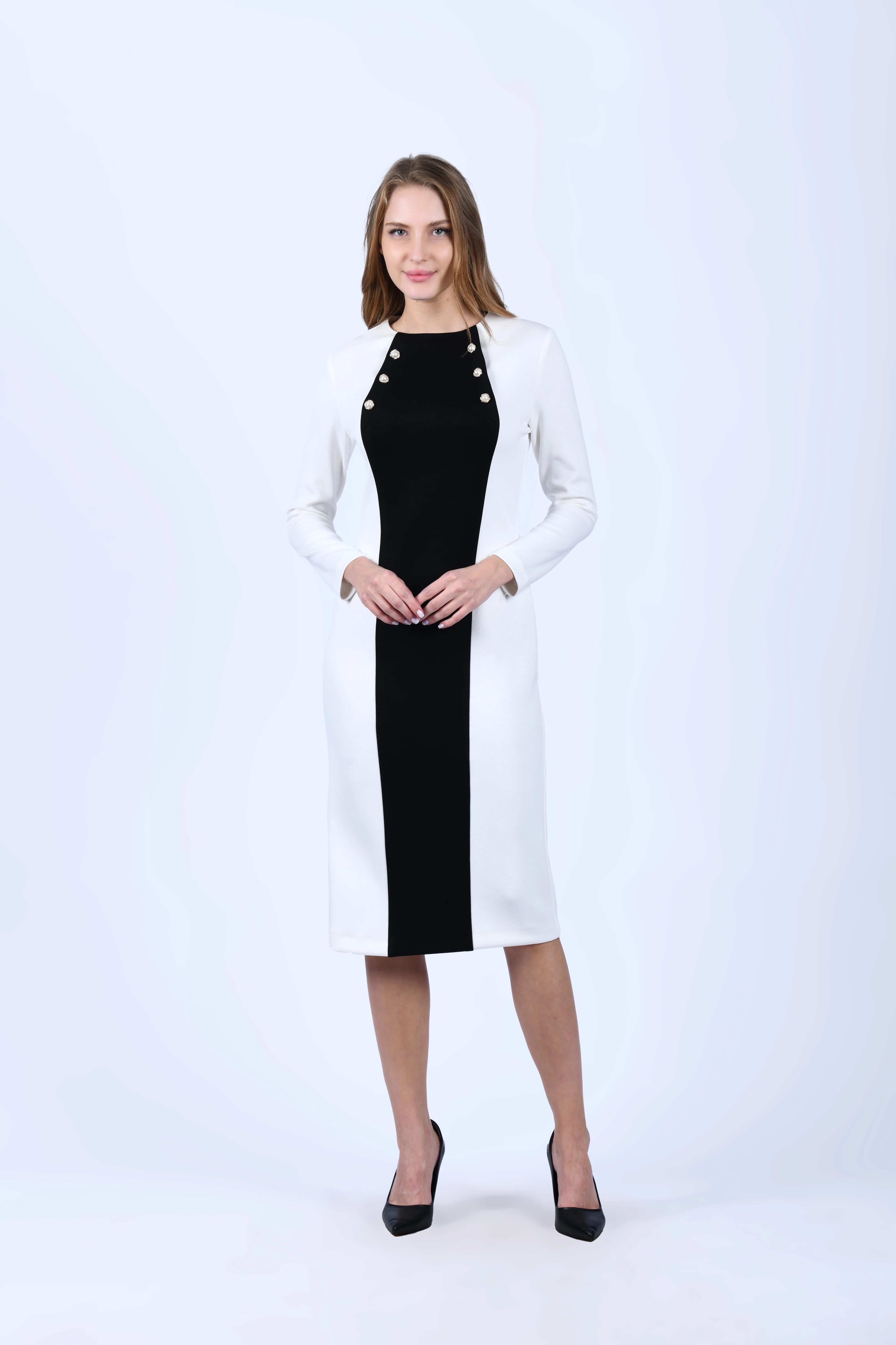 Beyaz Siyah Çift Renk Elbise - QE303