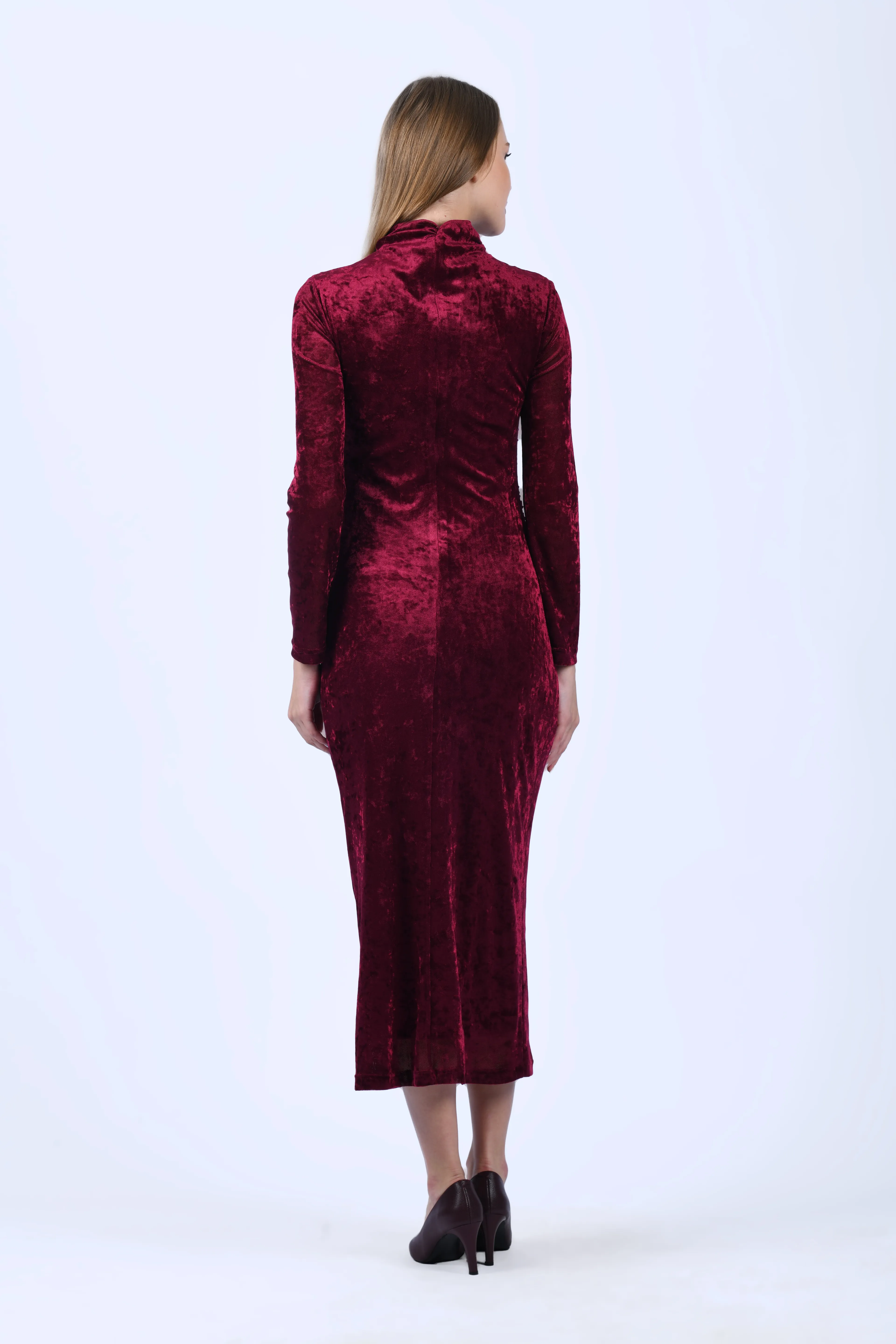 Bordo Drapeli Midi Kadife Elbise - QE398