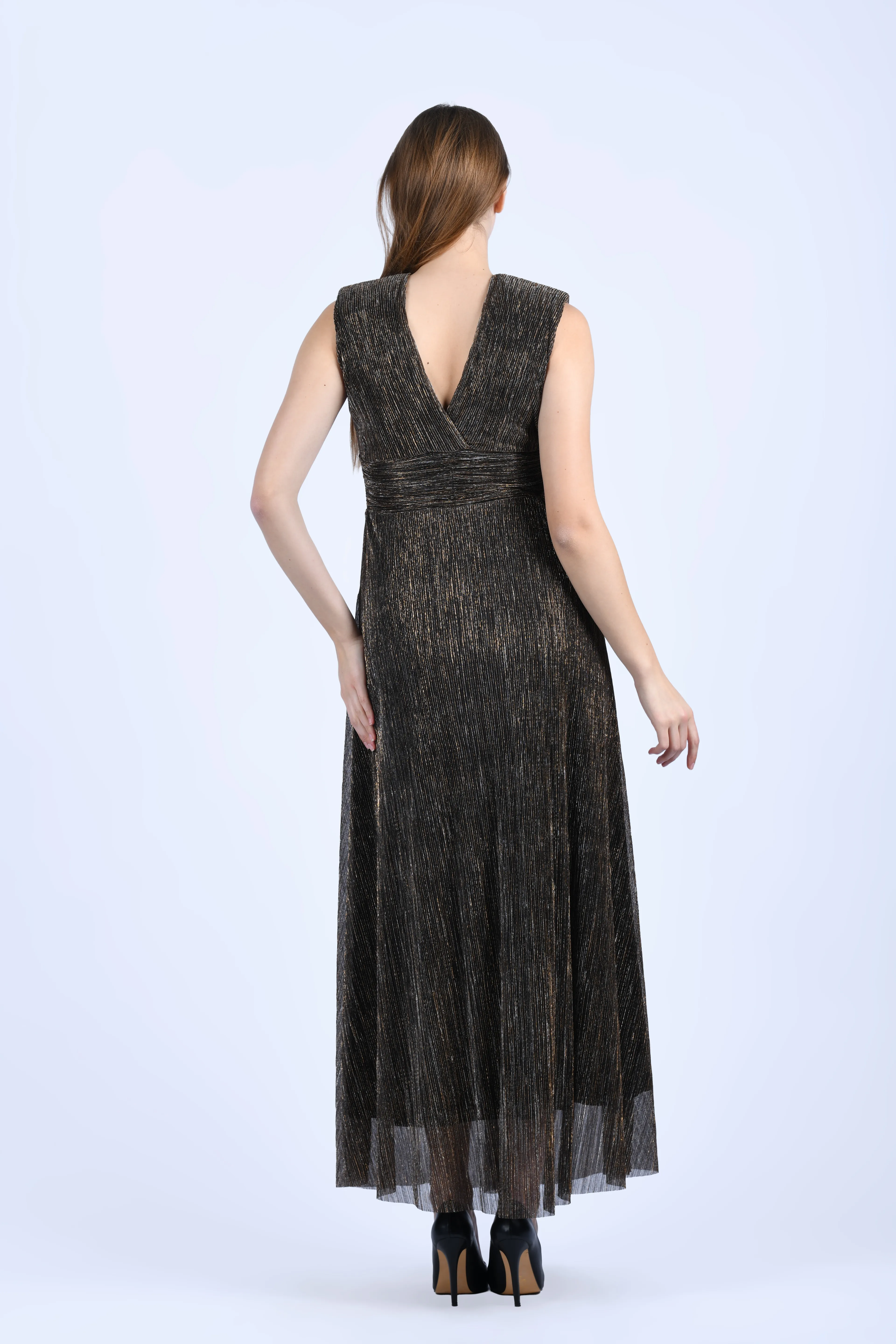 Bakır Gümüş Işıltılı V Yaka Maxi Elbise - LE645