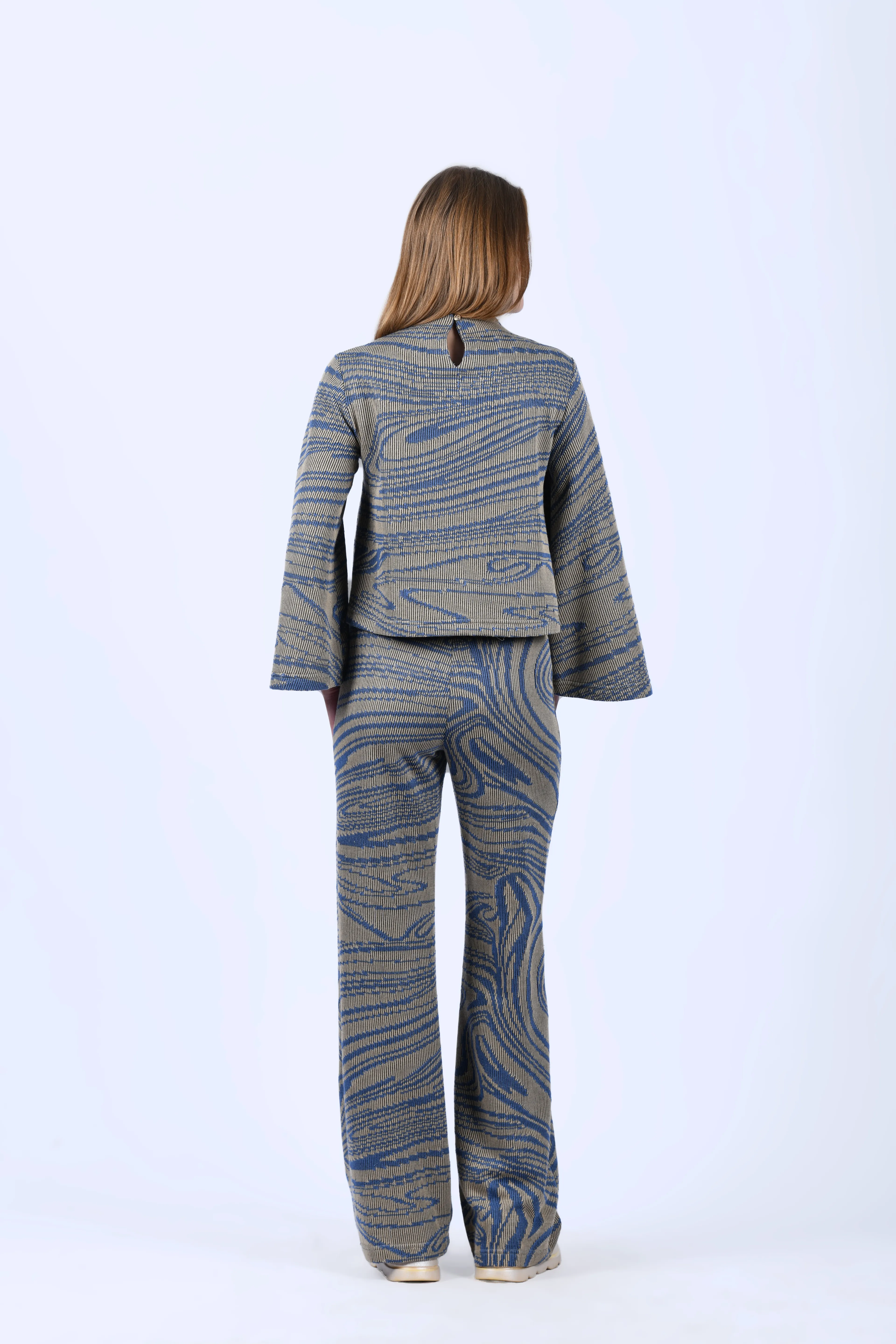 Bej Mavi Crop Kesim Triko Bluz - QB200