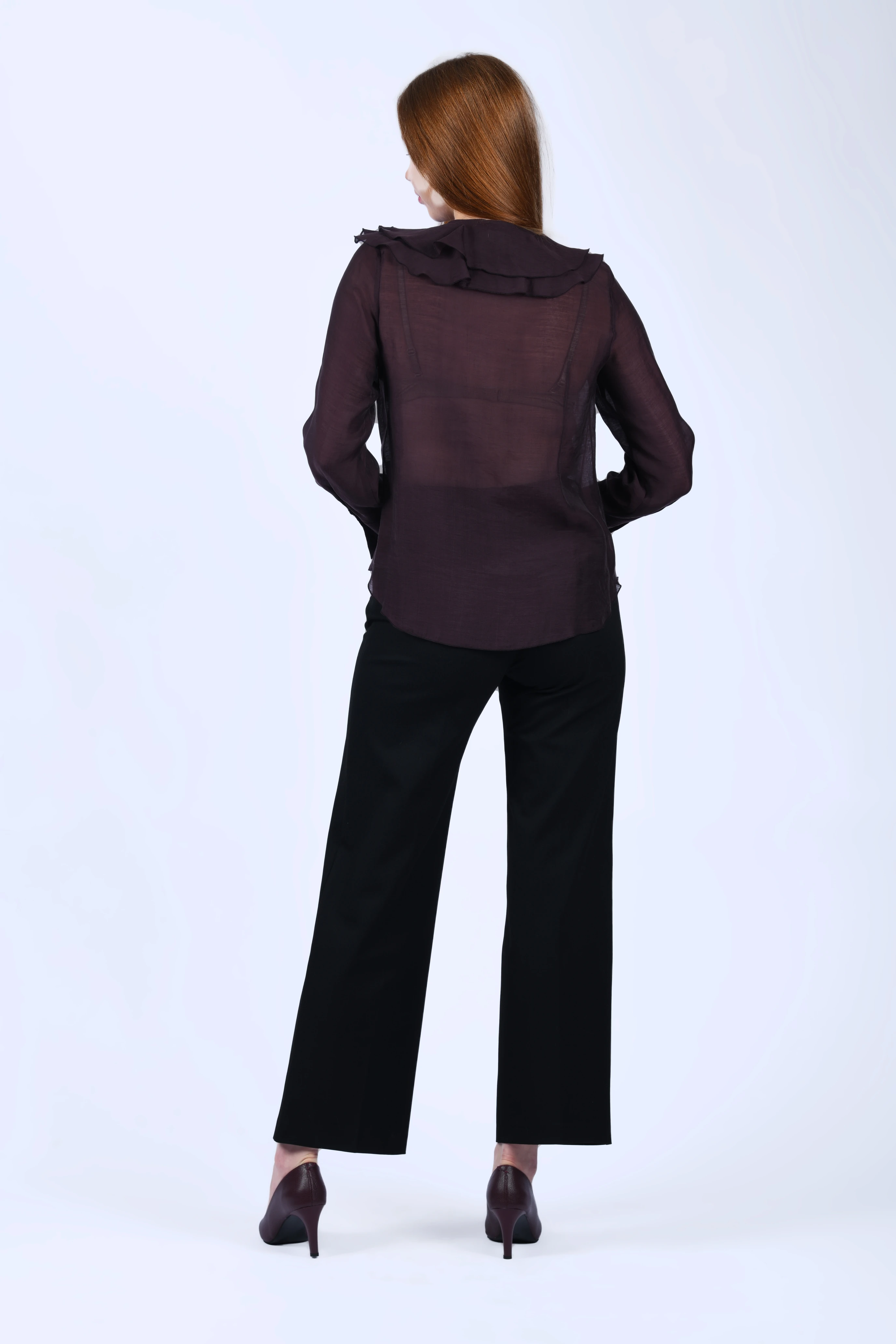 Kahve Volanlı Tül Bluz - QB201