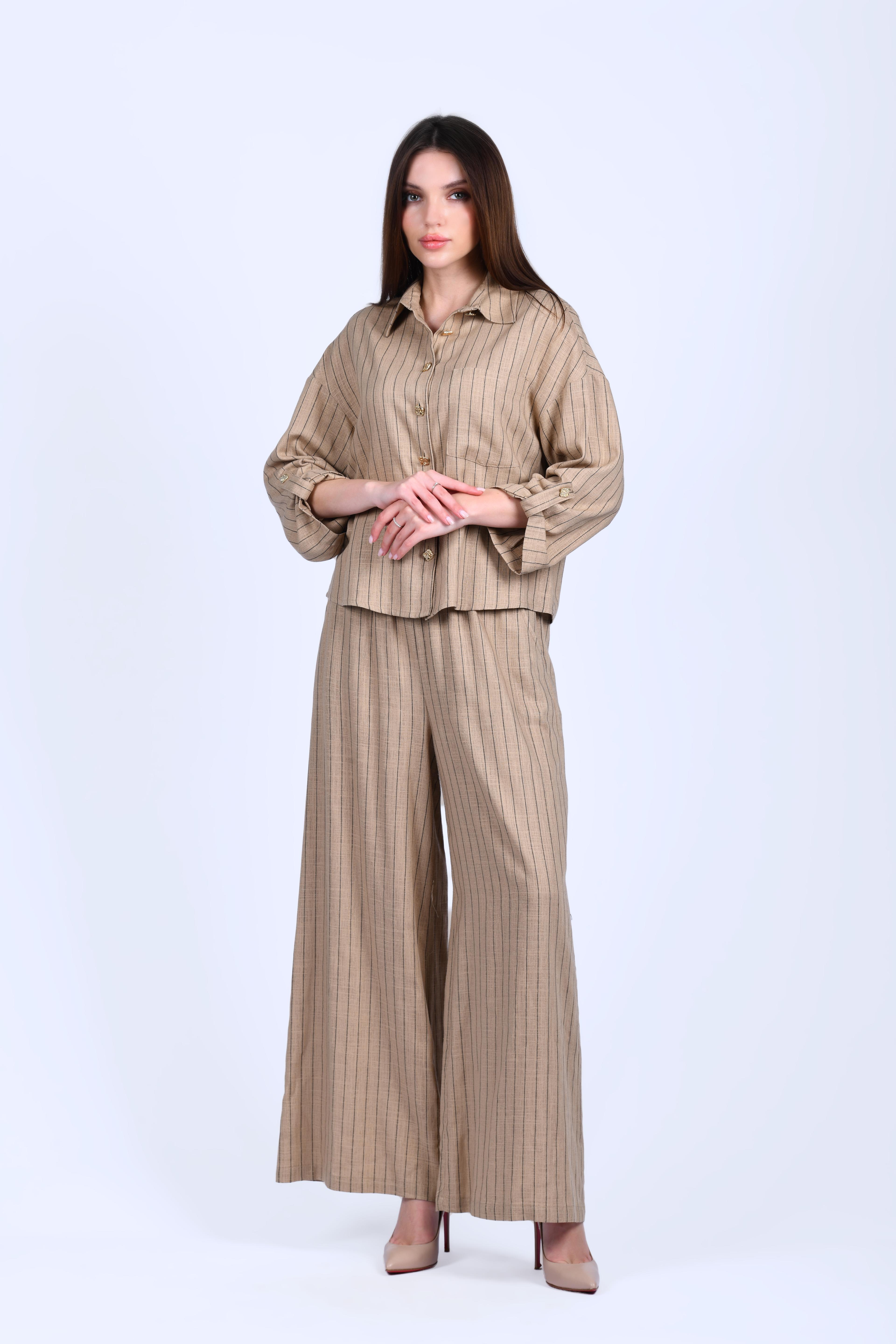 Kahve Çizgili Bol Keten Pantolon - QP170