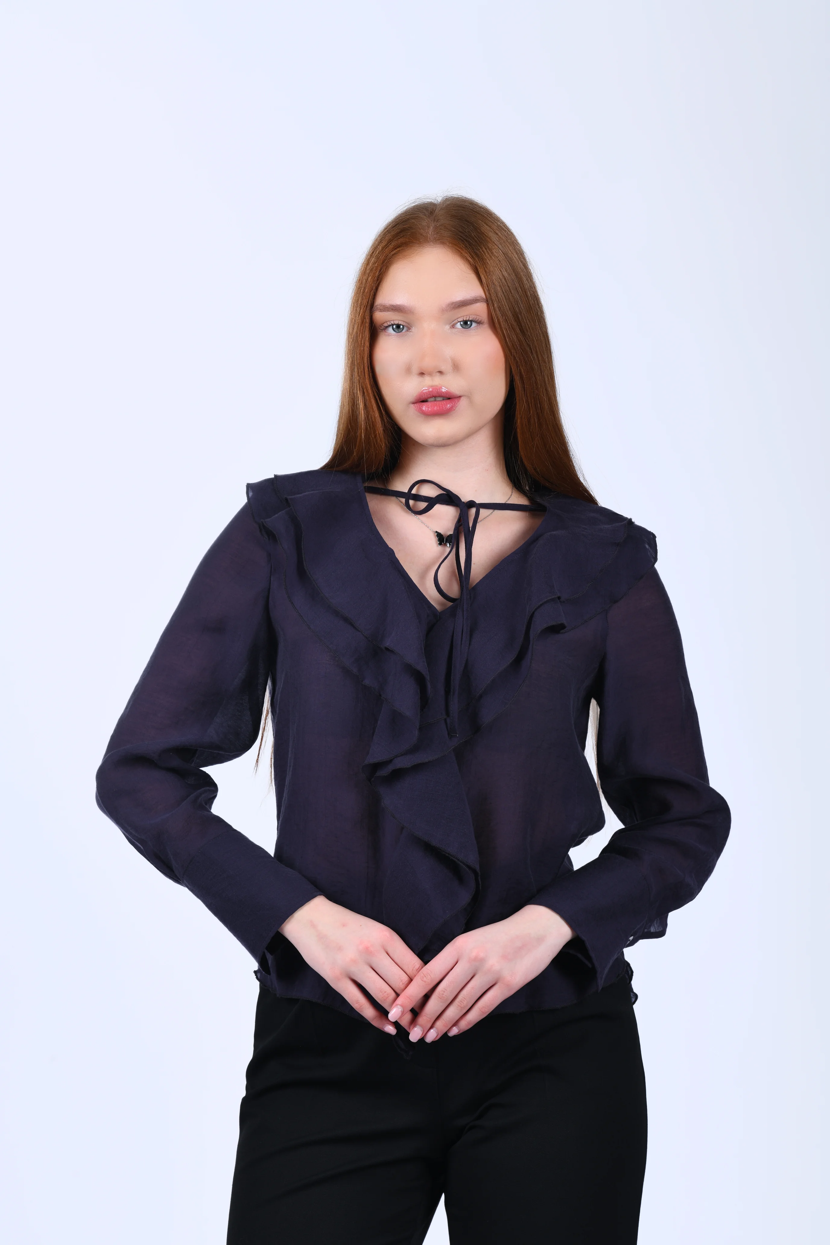 Mürdüm Volanlı Tül Bluz - QB201