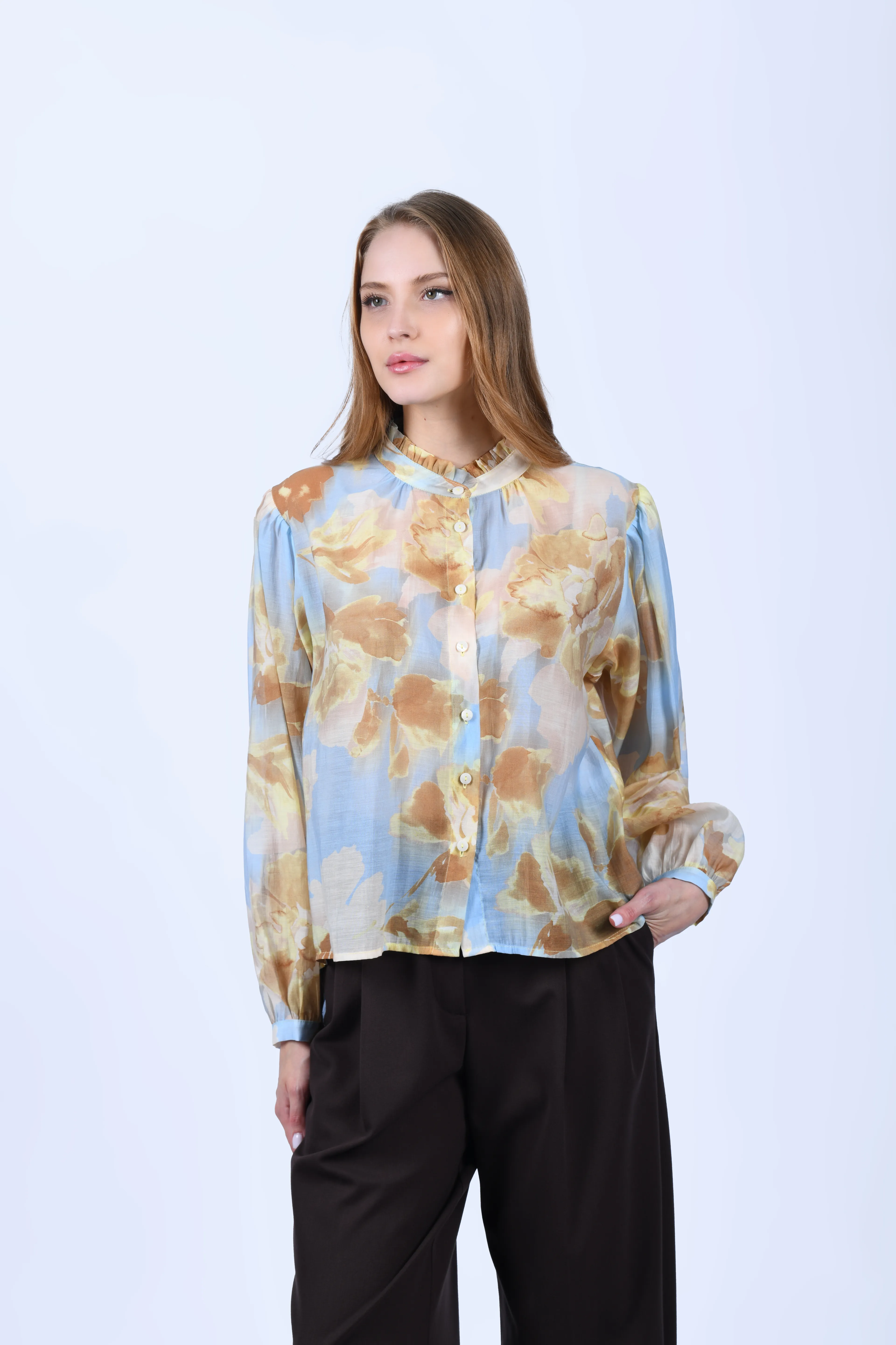 Mavi Hakim Yaka Desenli Gömlek - QG147