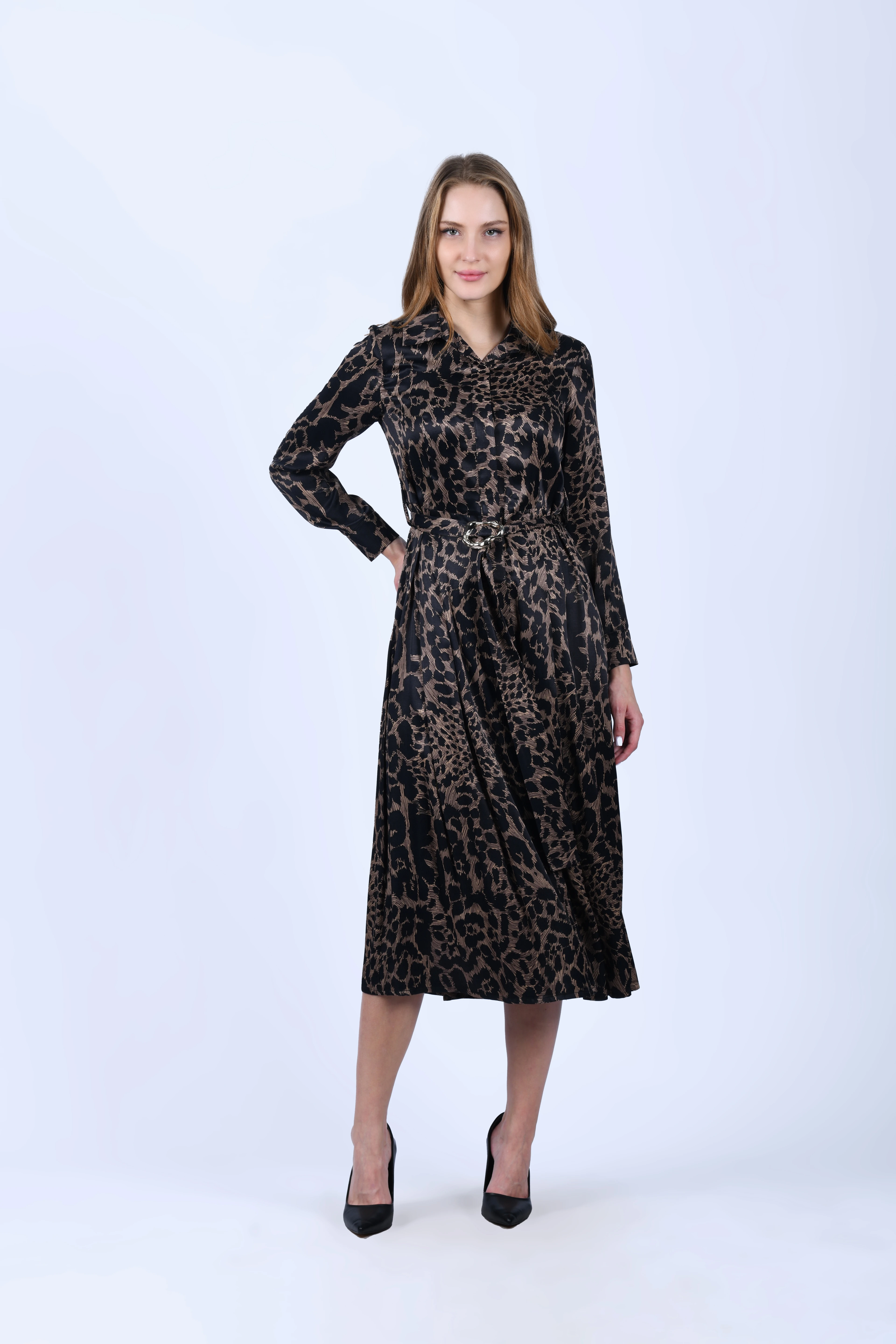 Kahve Tokalı Leopar Elbise - LE430