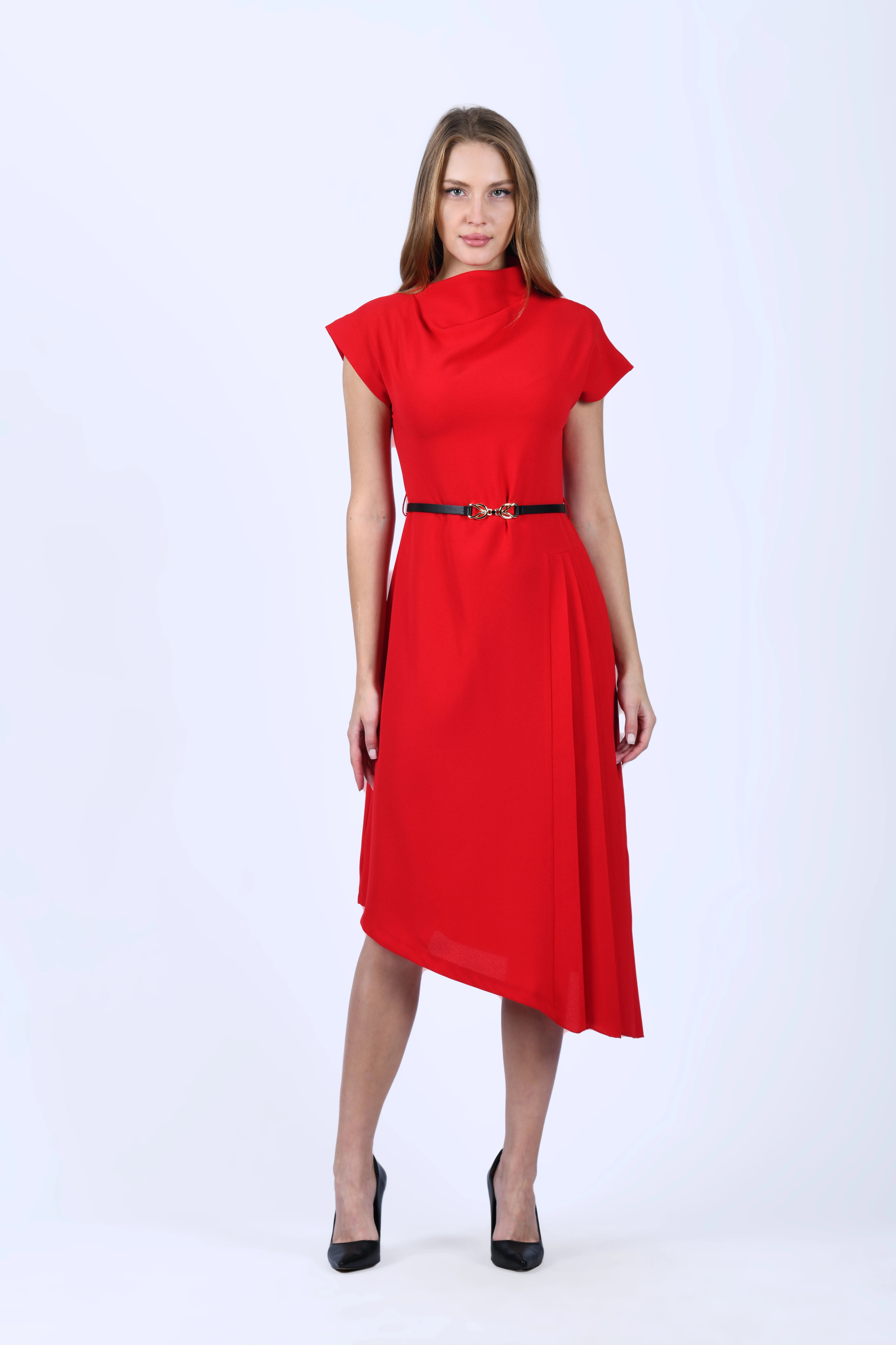 Kırmızı Asimetrik Kesim Yanı Piliseli Elbise - QE393