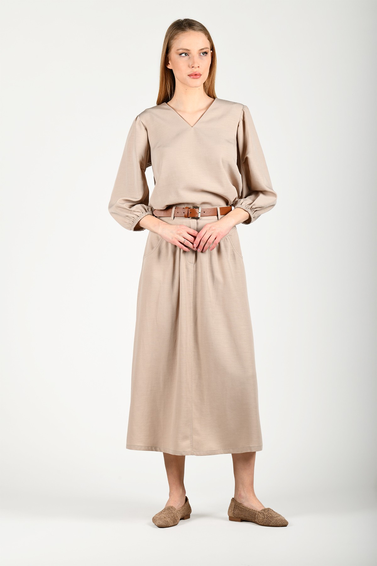 Bej V Yaka Casual Bluz - LB139