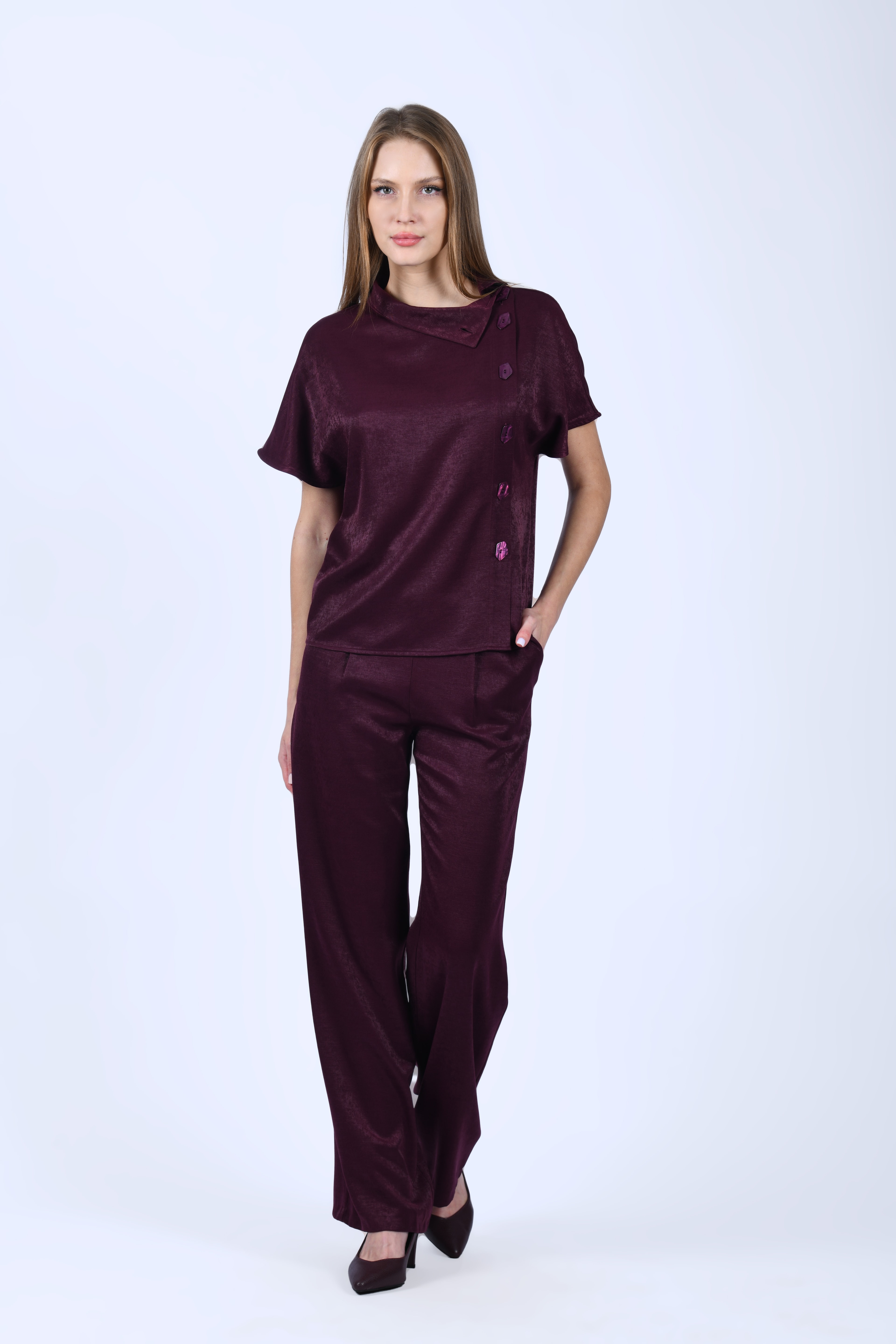 Bordo Bol Kesim Kumaş Pantolon - QP196