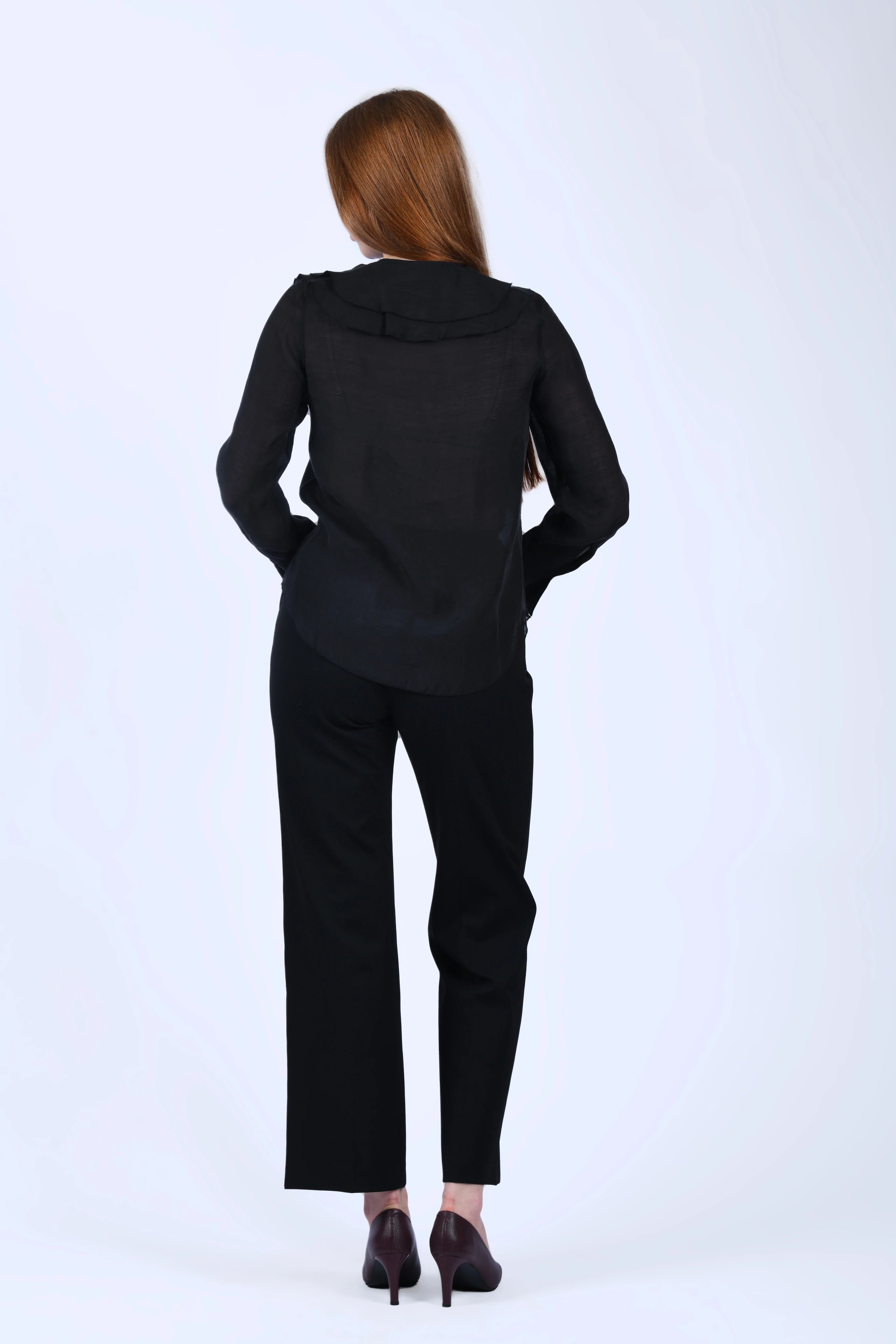 Siyah Volanlı Tül Bluz - QB201