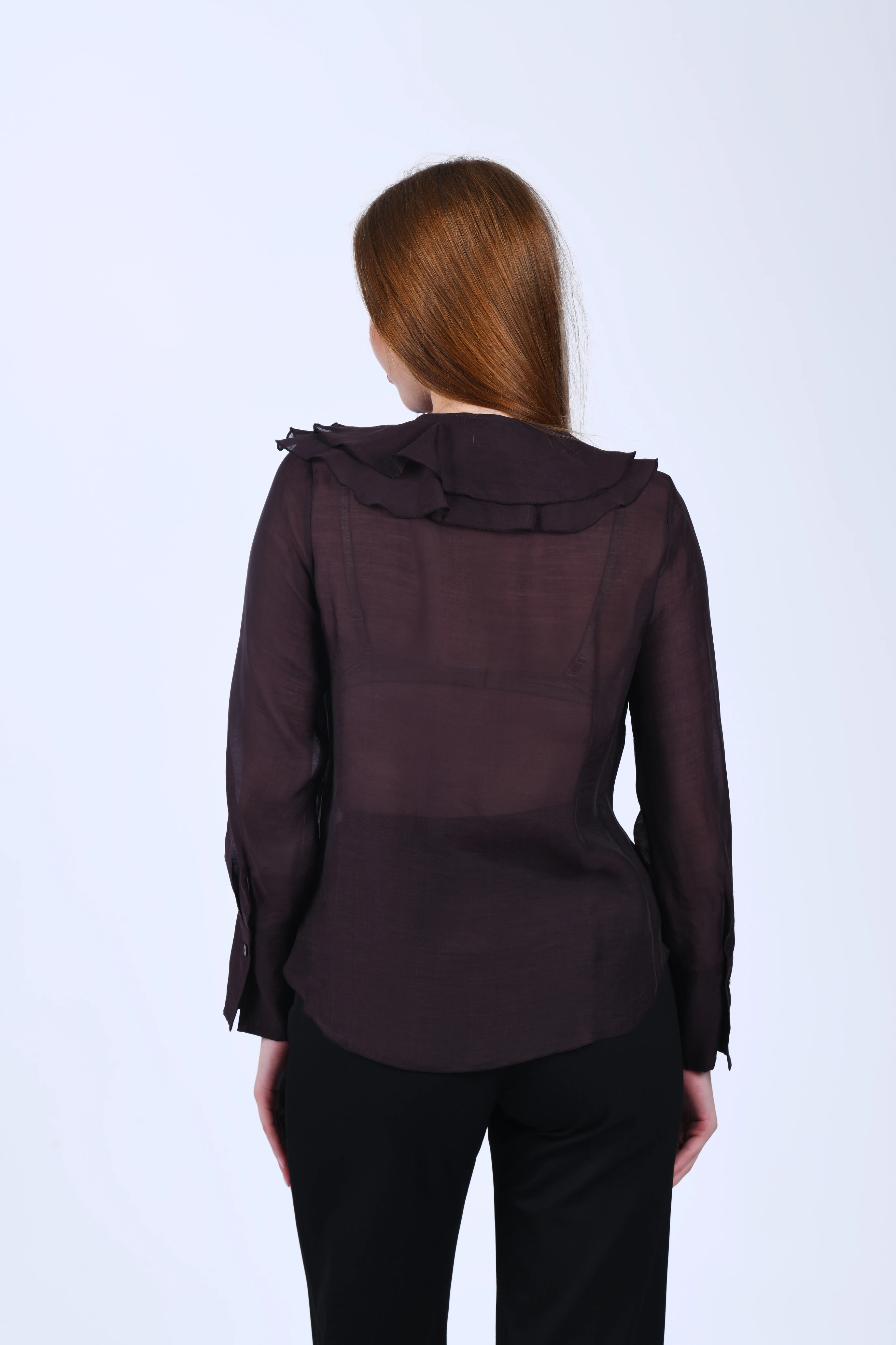 Kahve Volanlı Tül Bluz - QB201