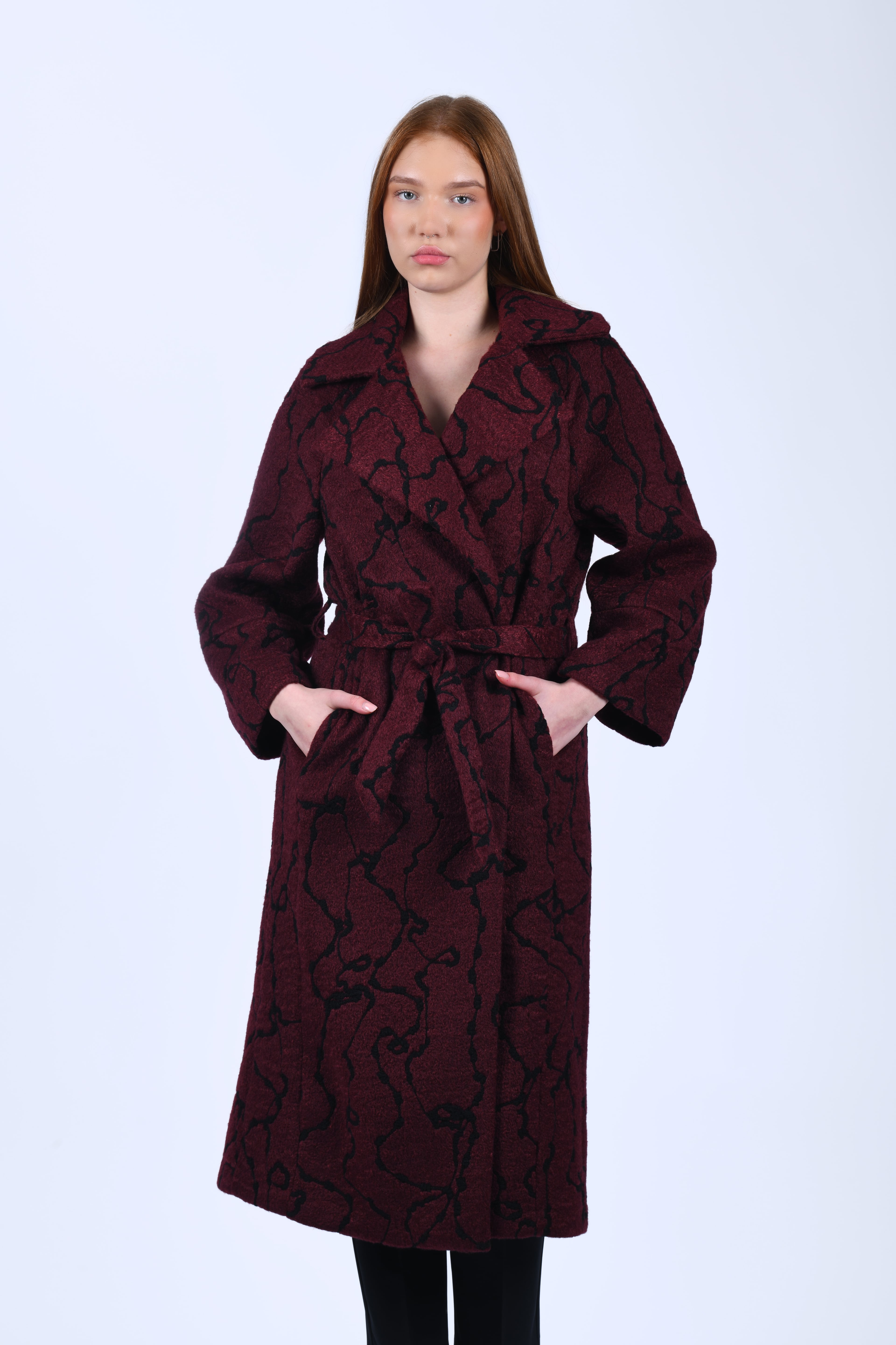 Bordo Desenli Kuşaklı Kaban - QK35