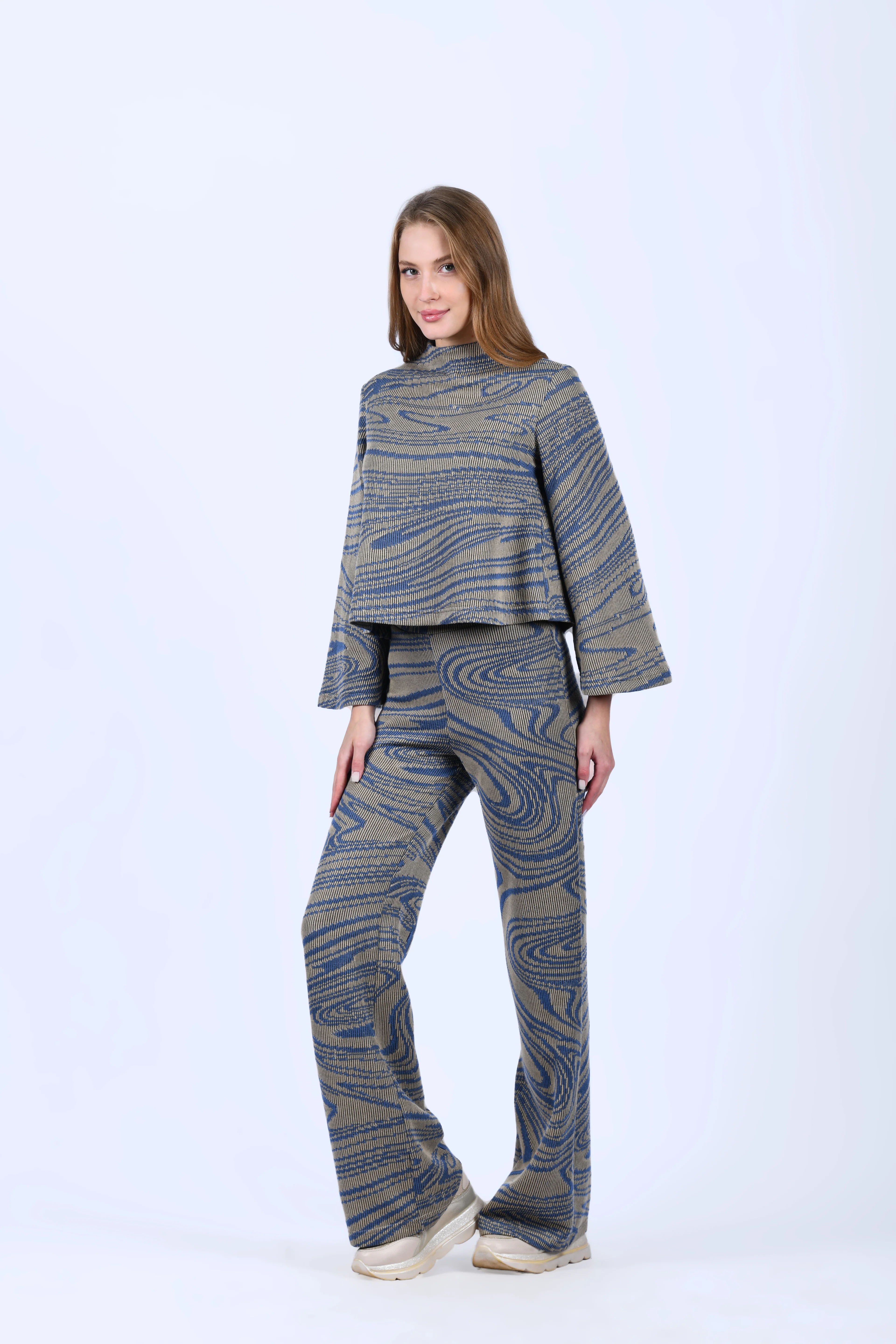 Bej Mavi Crop Kesim Triko Bluz - QB200