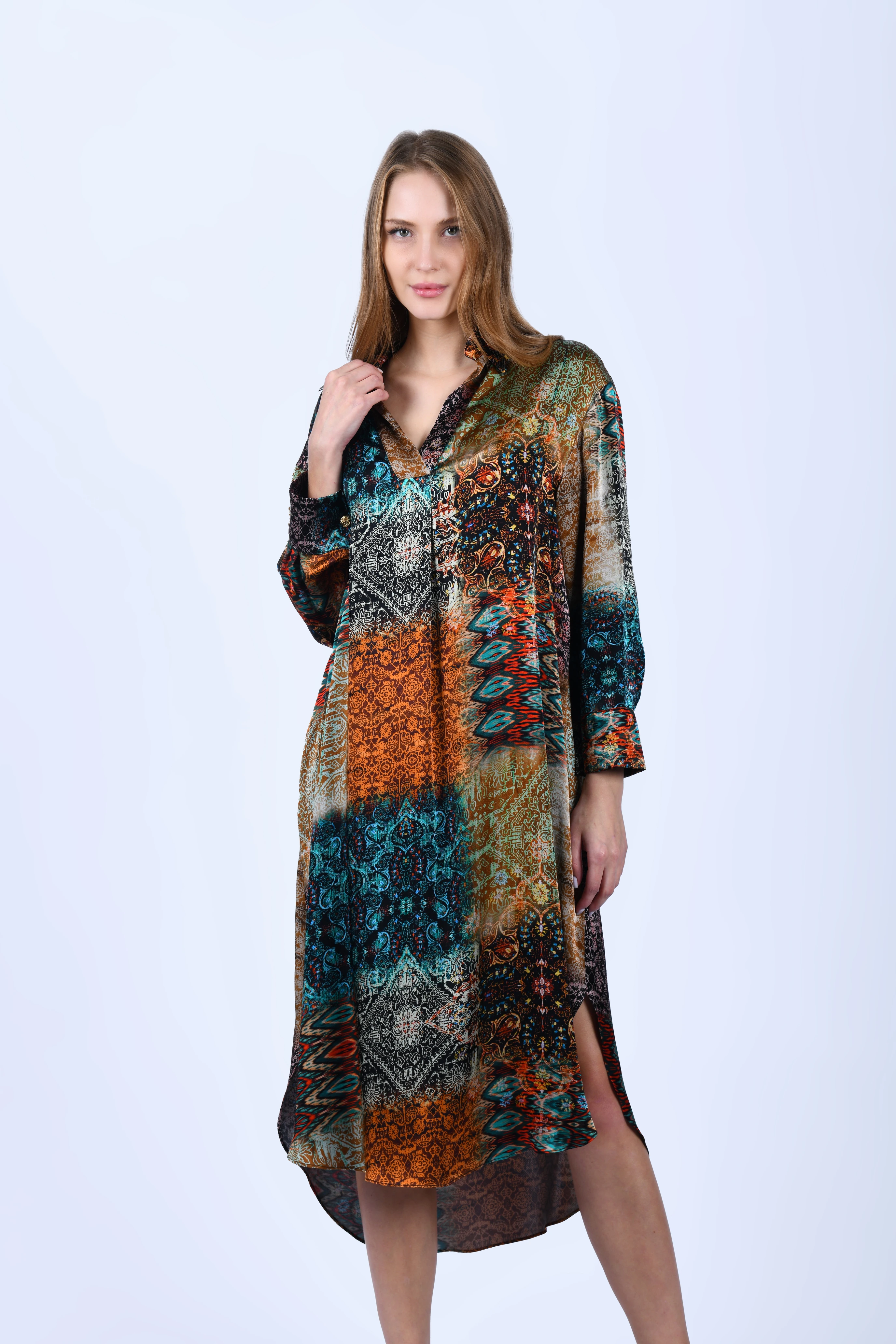 Petrol Oranj Soyut Desenli Bol Kesim Midi Elbise - LE483