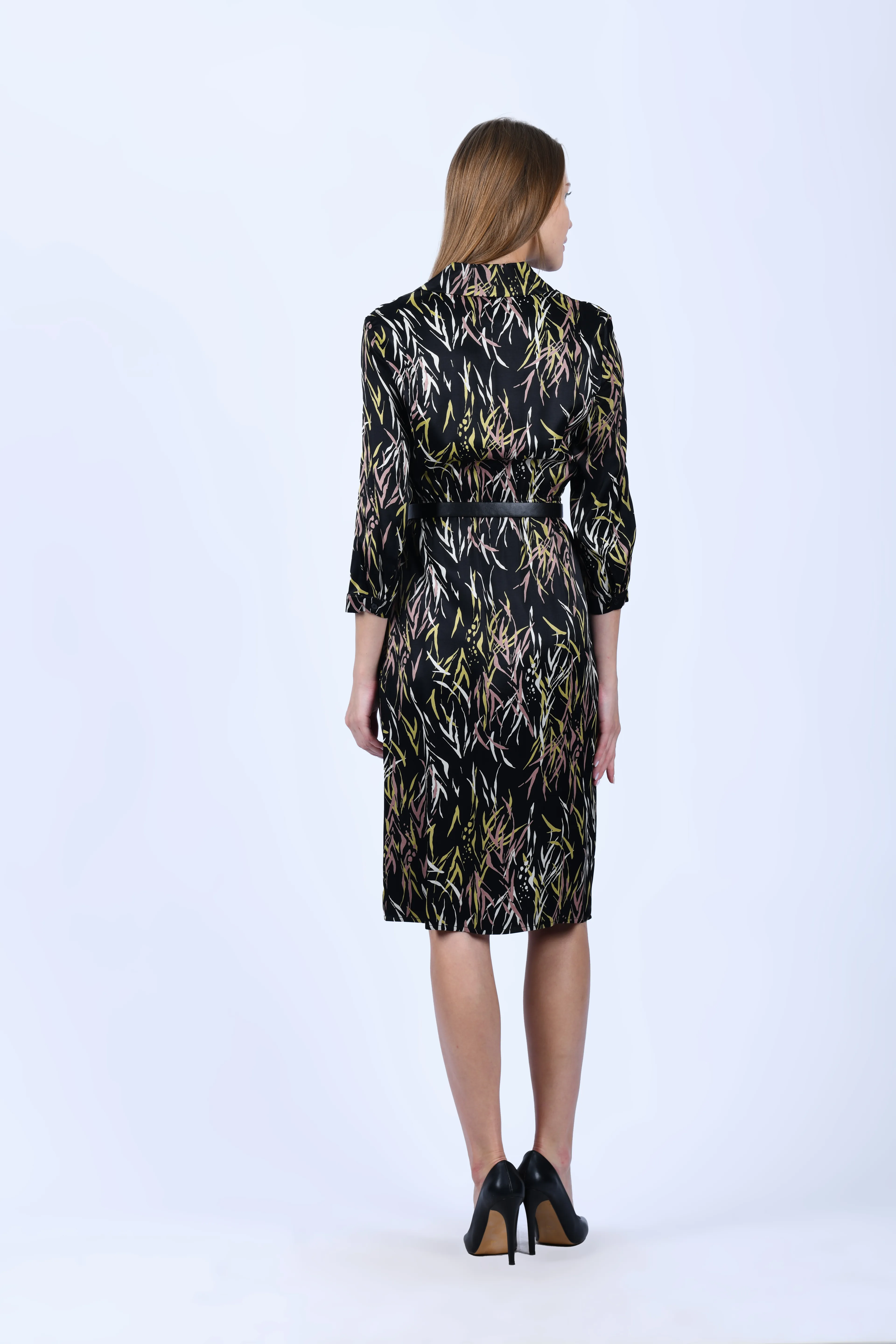 Siyah Gömlek Yaka Desenli Saten Elbise - QE188