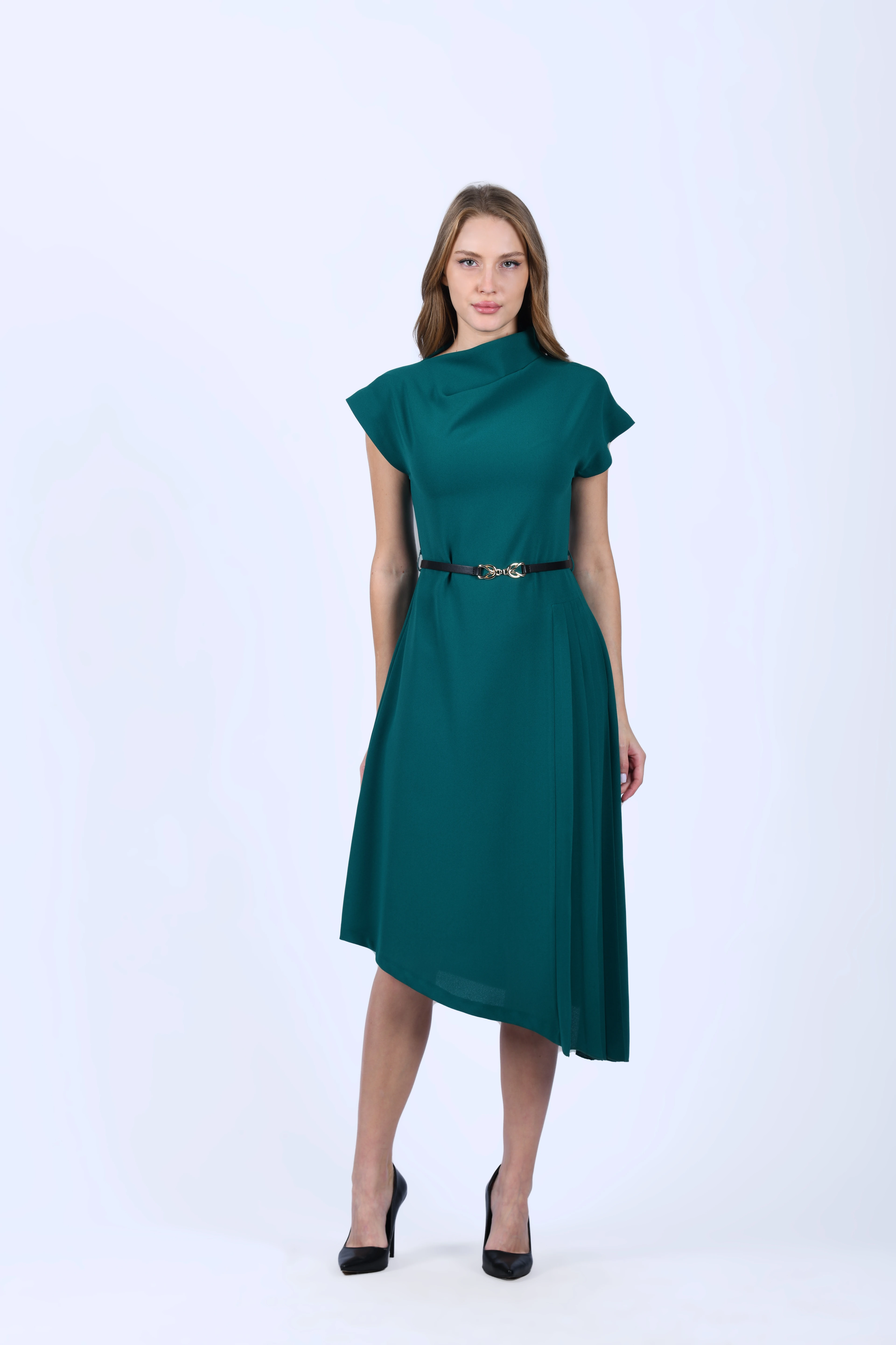 Yeşil Asimetrik Kesim Yanı Piliseli Elbise - QE393