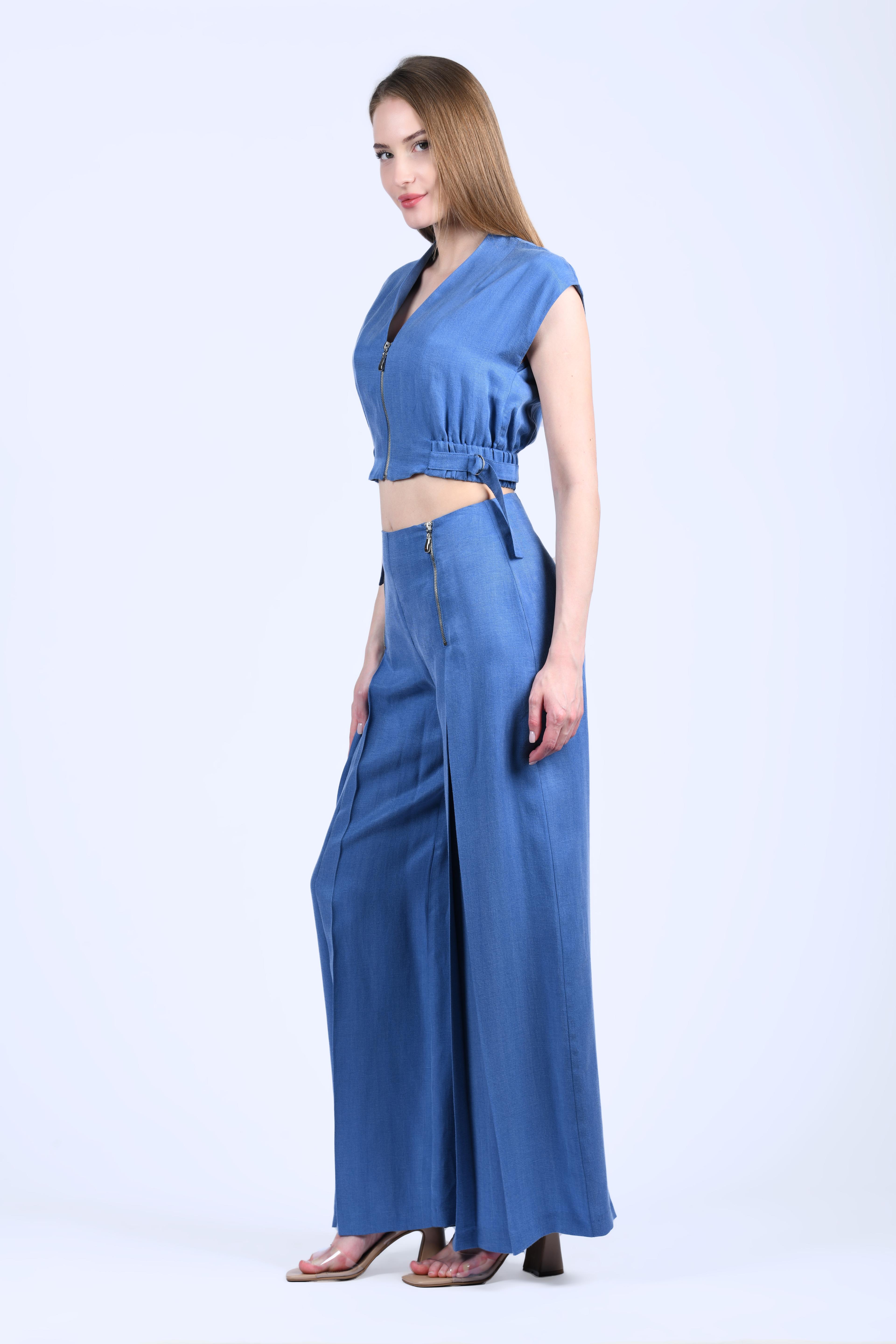İndigo Vatkalı Fermuarlı Crop Bluz - QB183