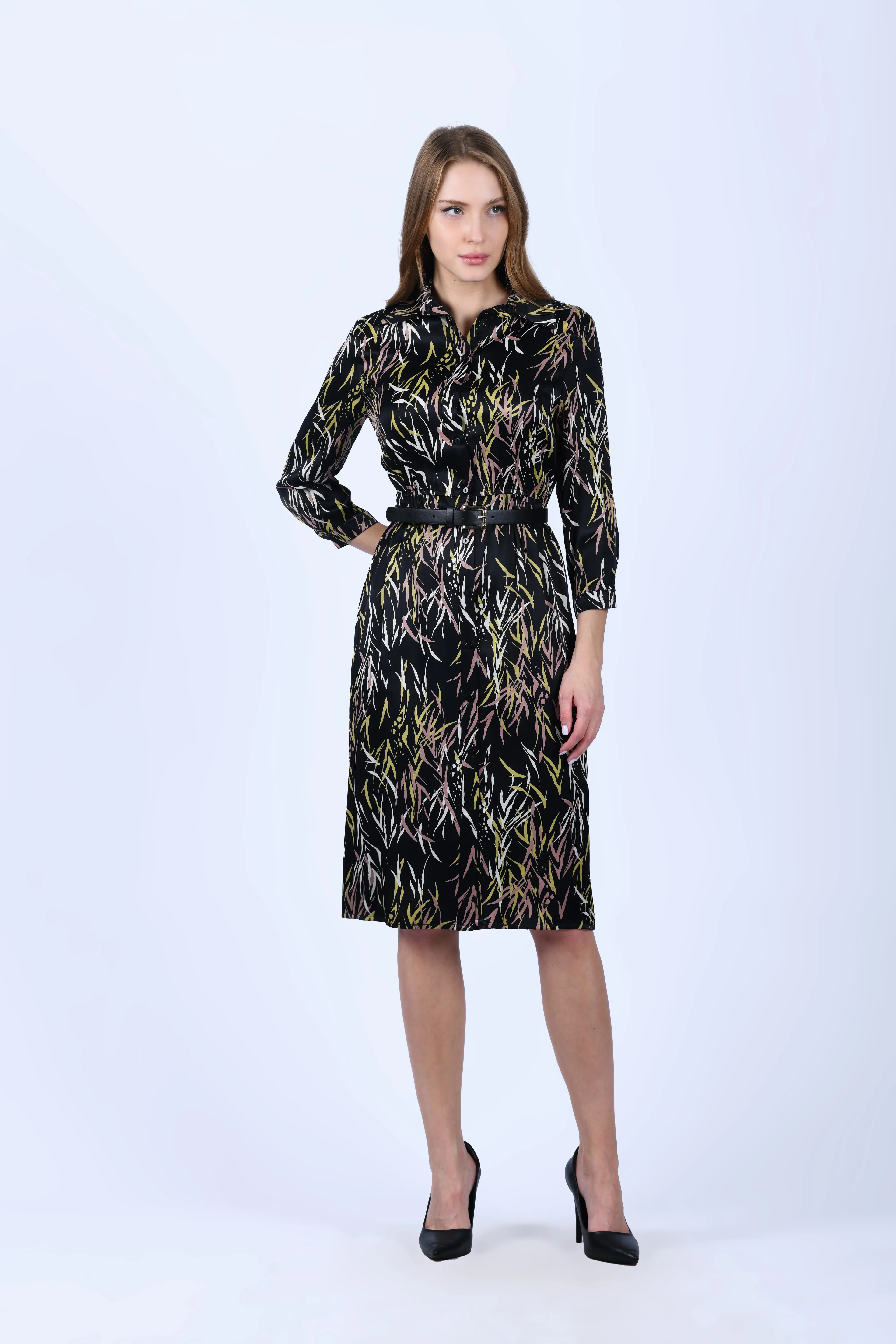 Siyah Gömlek Yaka Desenli Saten Elbise - QE188