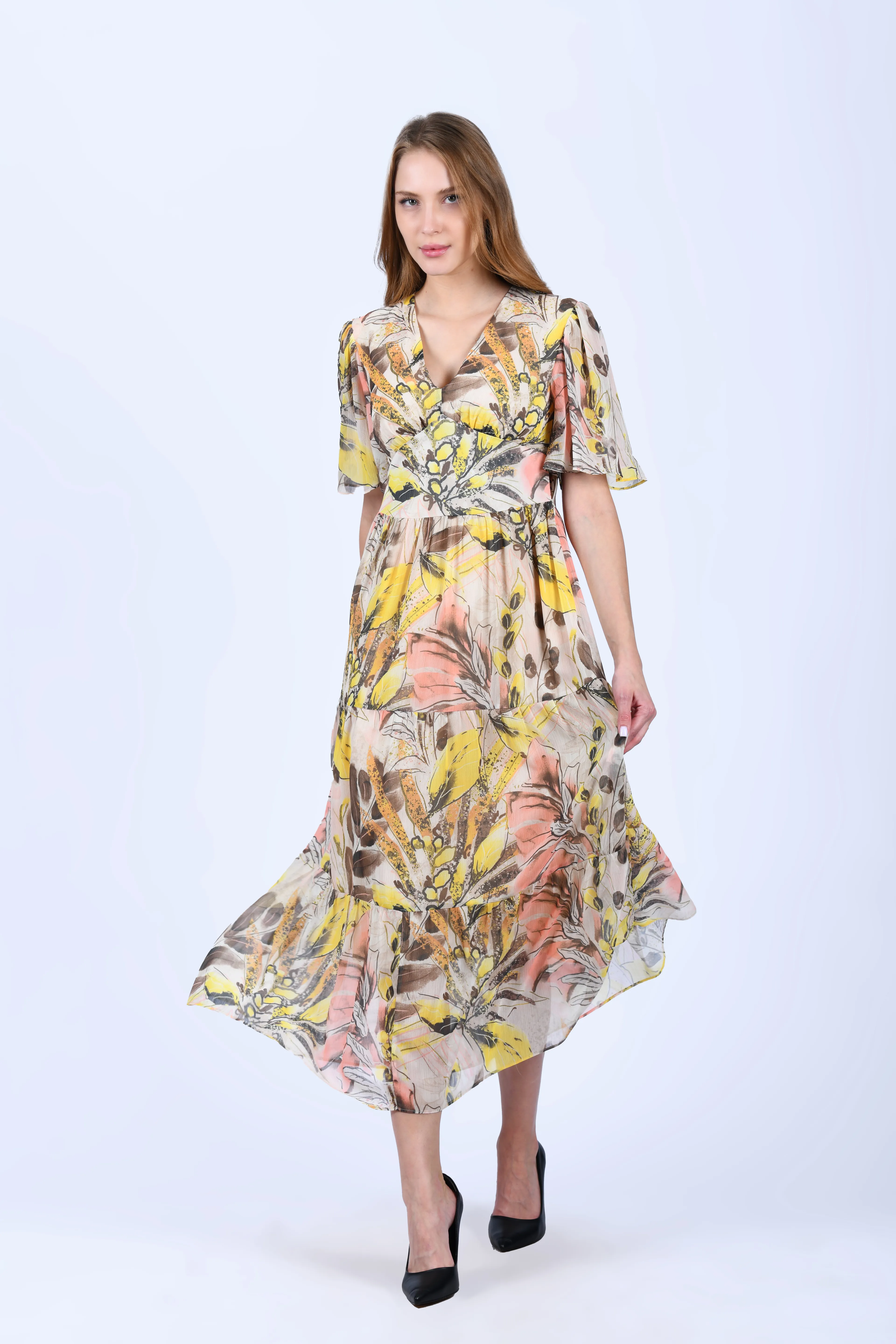 Sarı V Yaka Tropikal Desen Midi Elbise - LE565