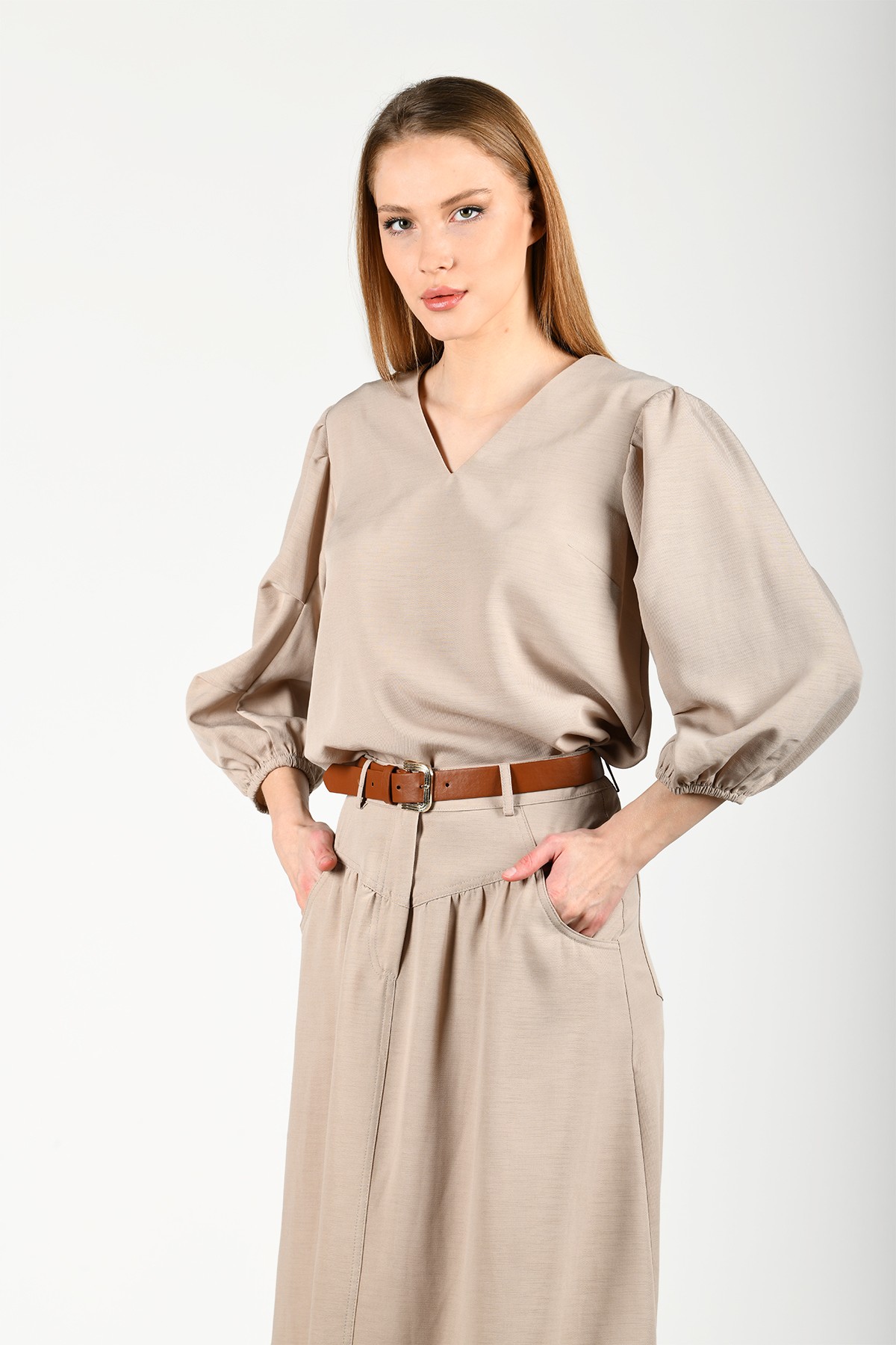 Bej V Yaka Casual Bluz - LB139