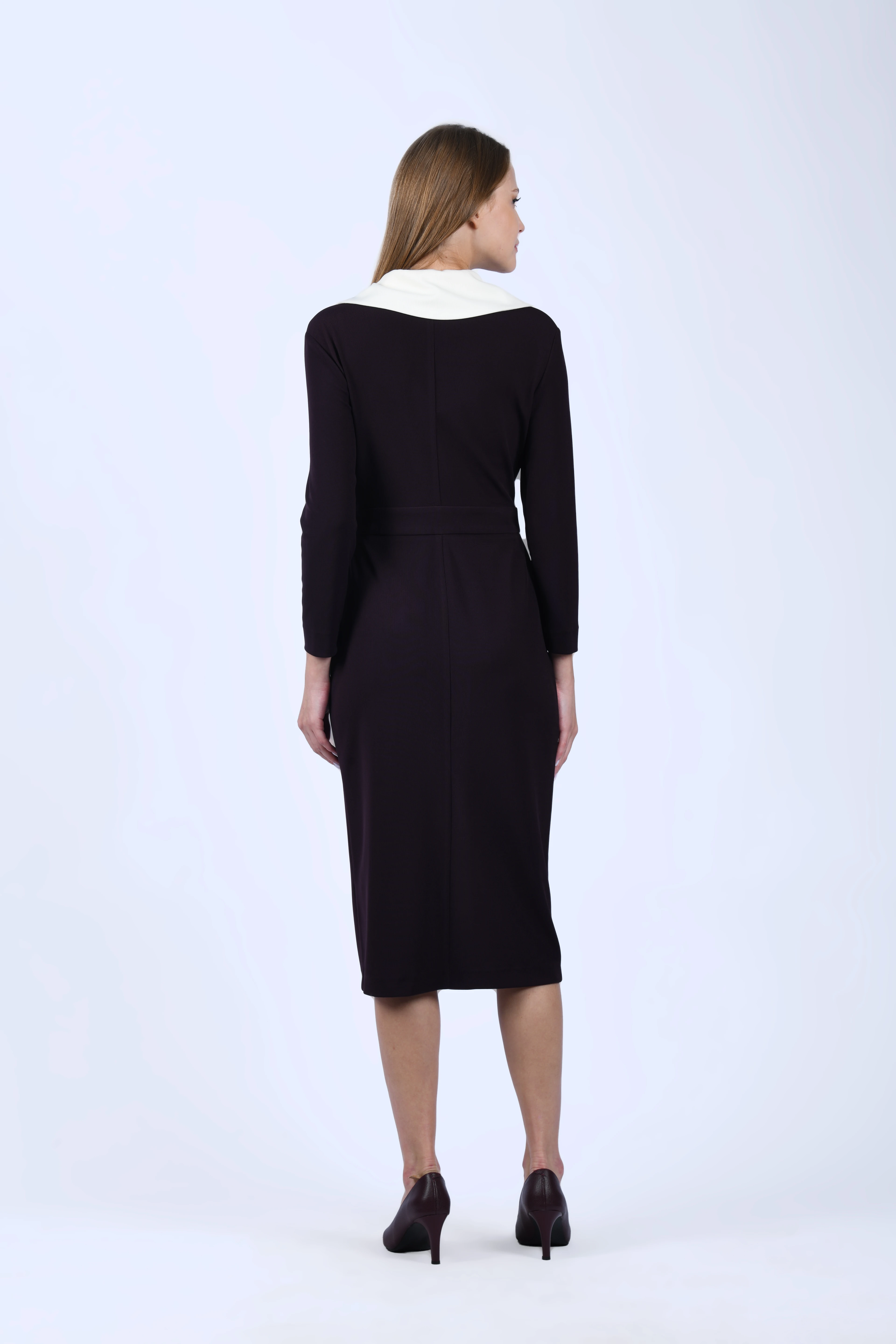 Mürdüm Kruvaze Geniş Yaka Elbise -  QE388