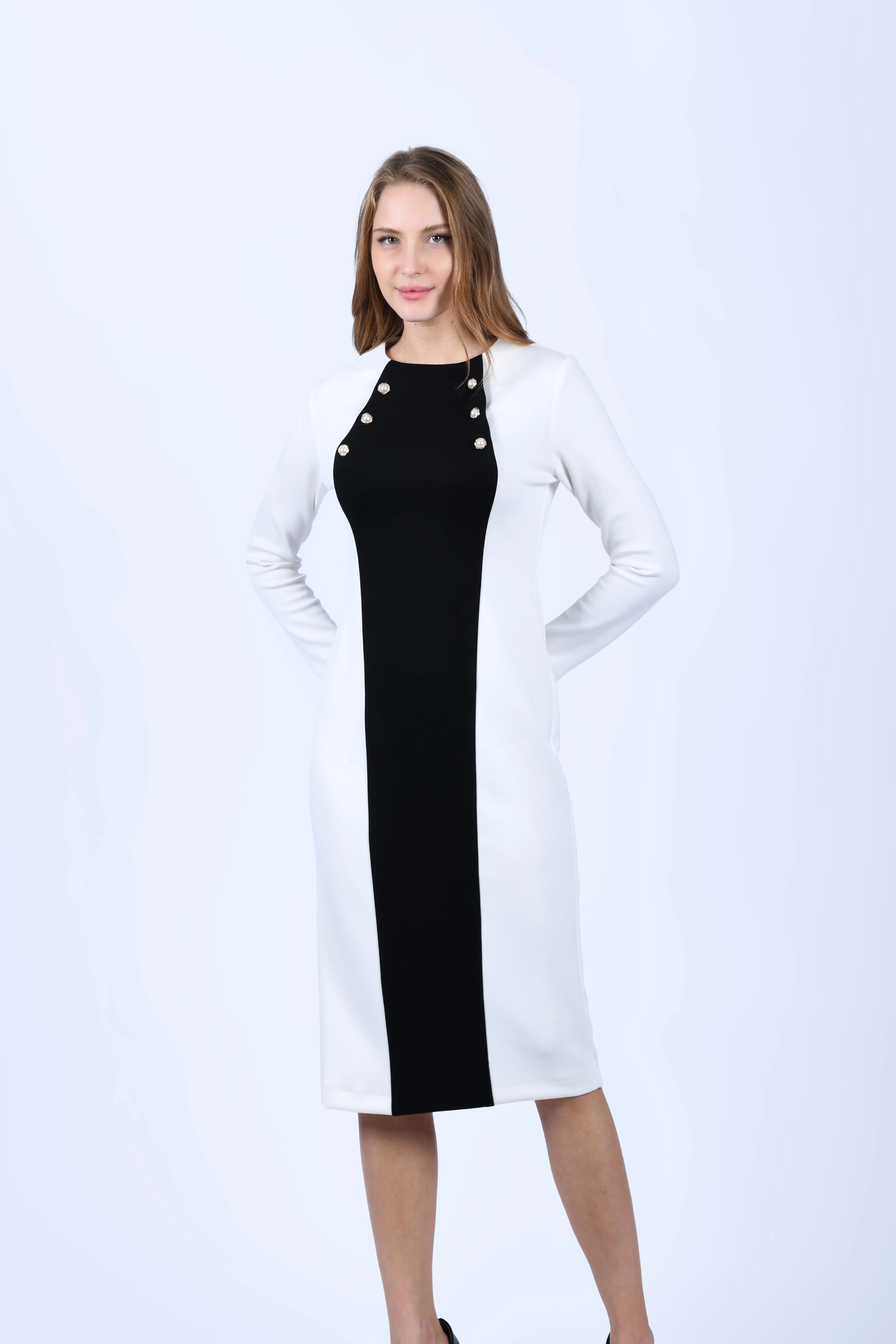 Beyaz Siyah Çift Renk Elbise - QE303