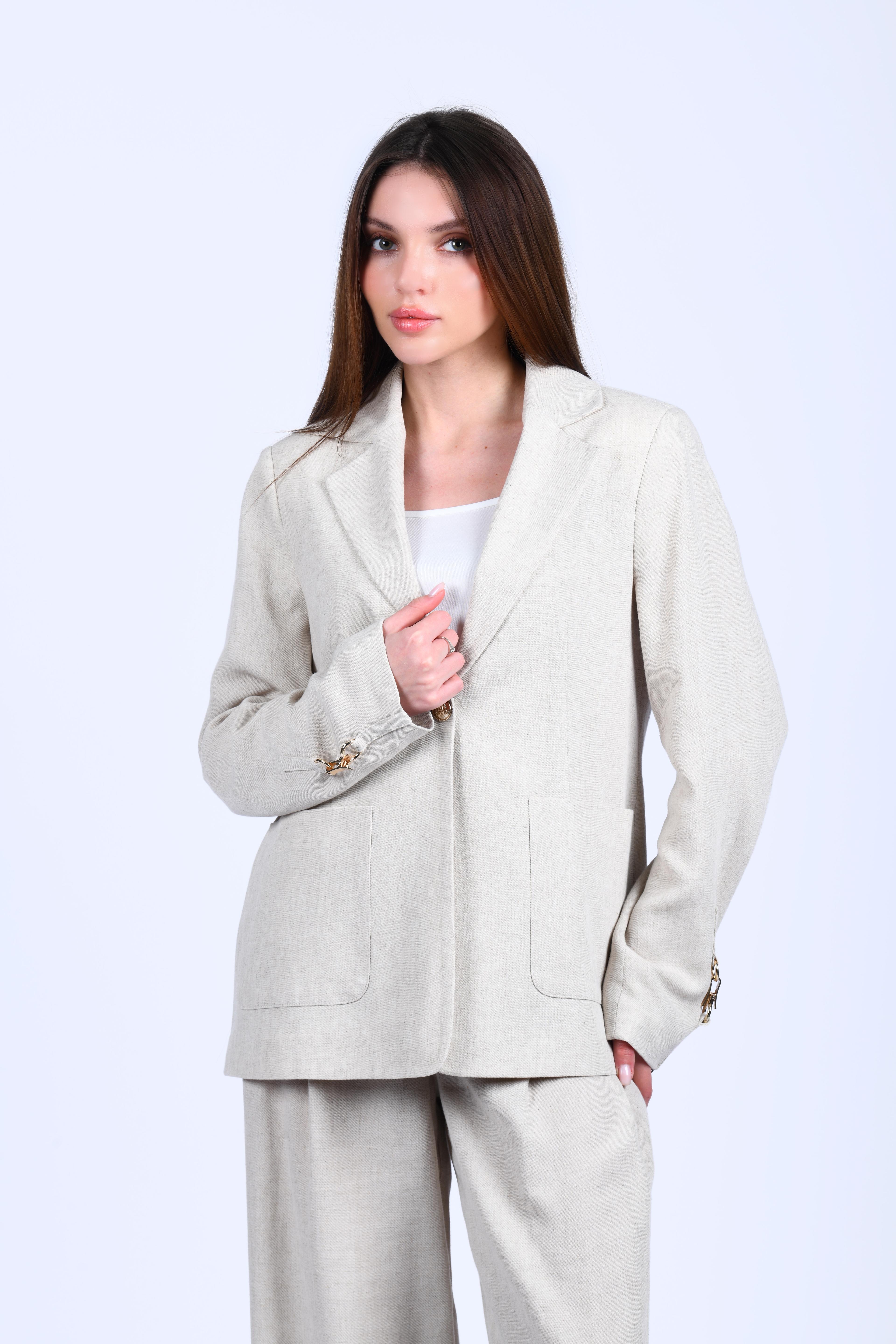 Bej Keten Blazer Ceket - QC88