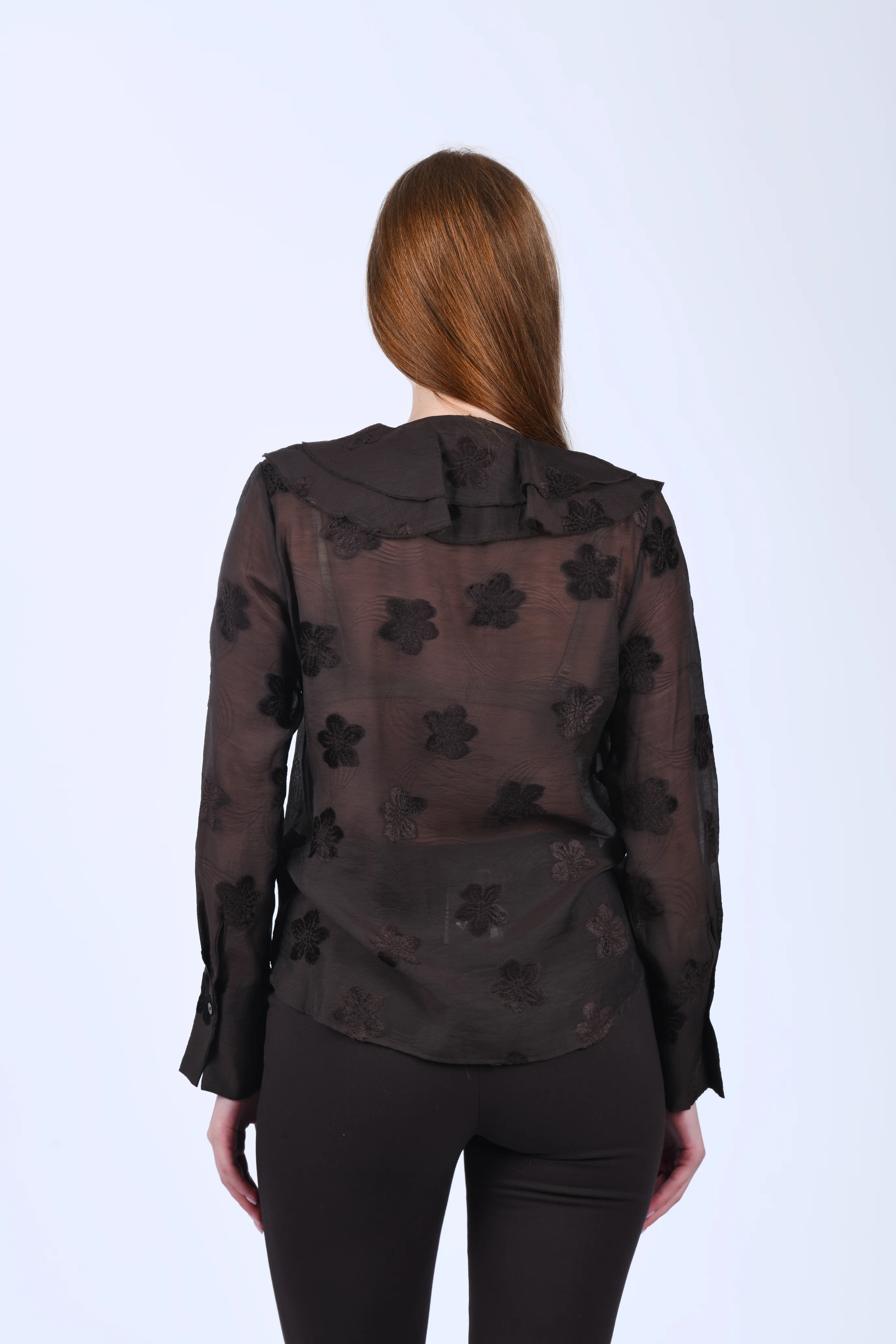 Kahve Çiçekli Volanlı Tül Bluz - QB203