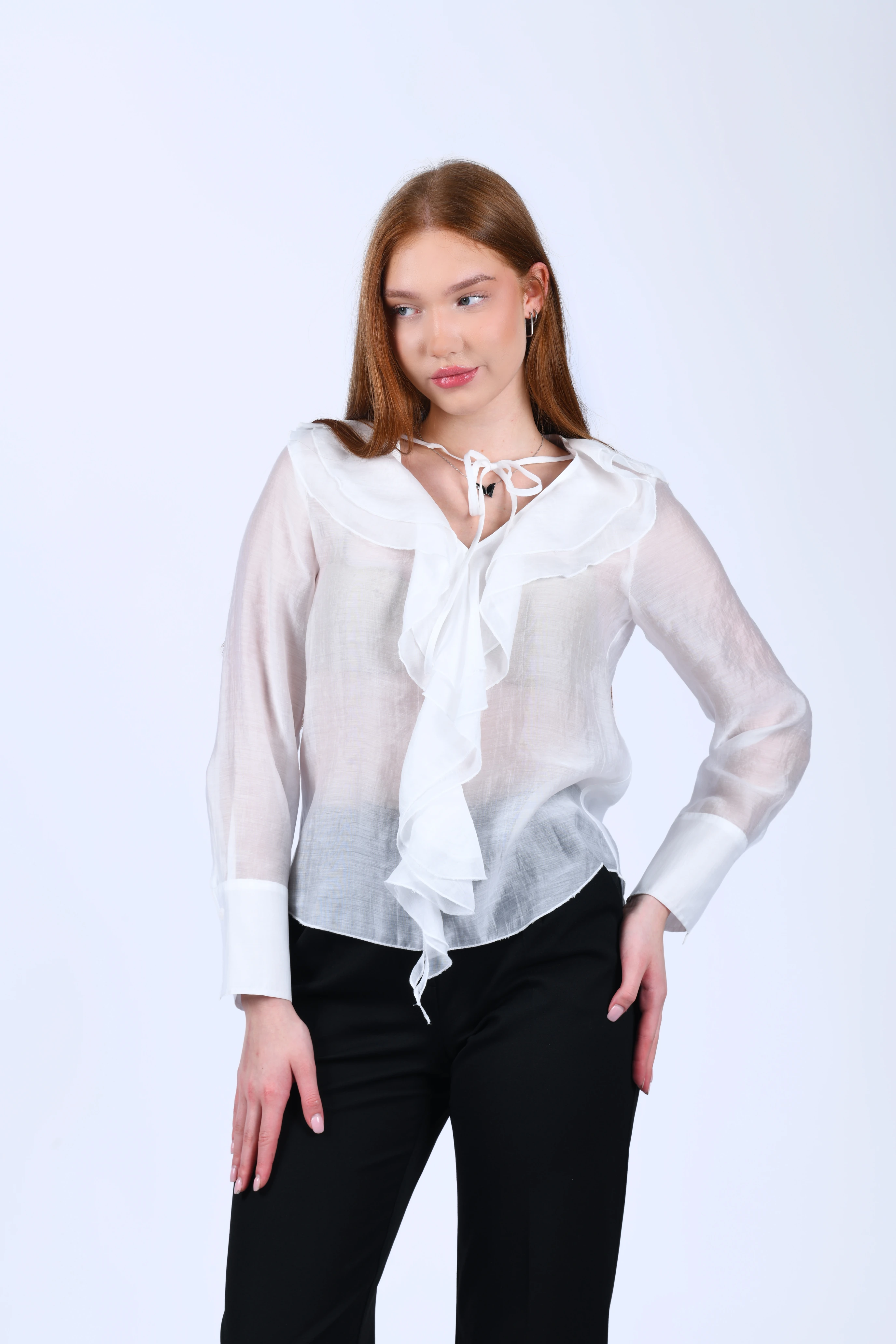 Ecru Volanlı Tül Bluz - QB201